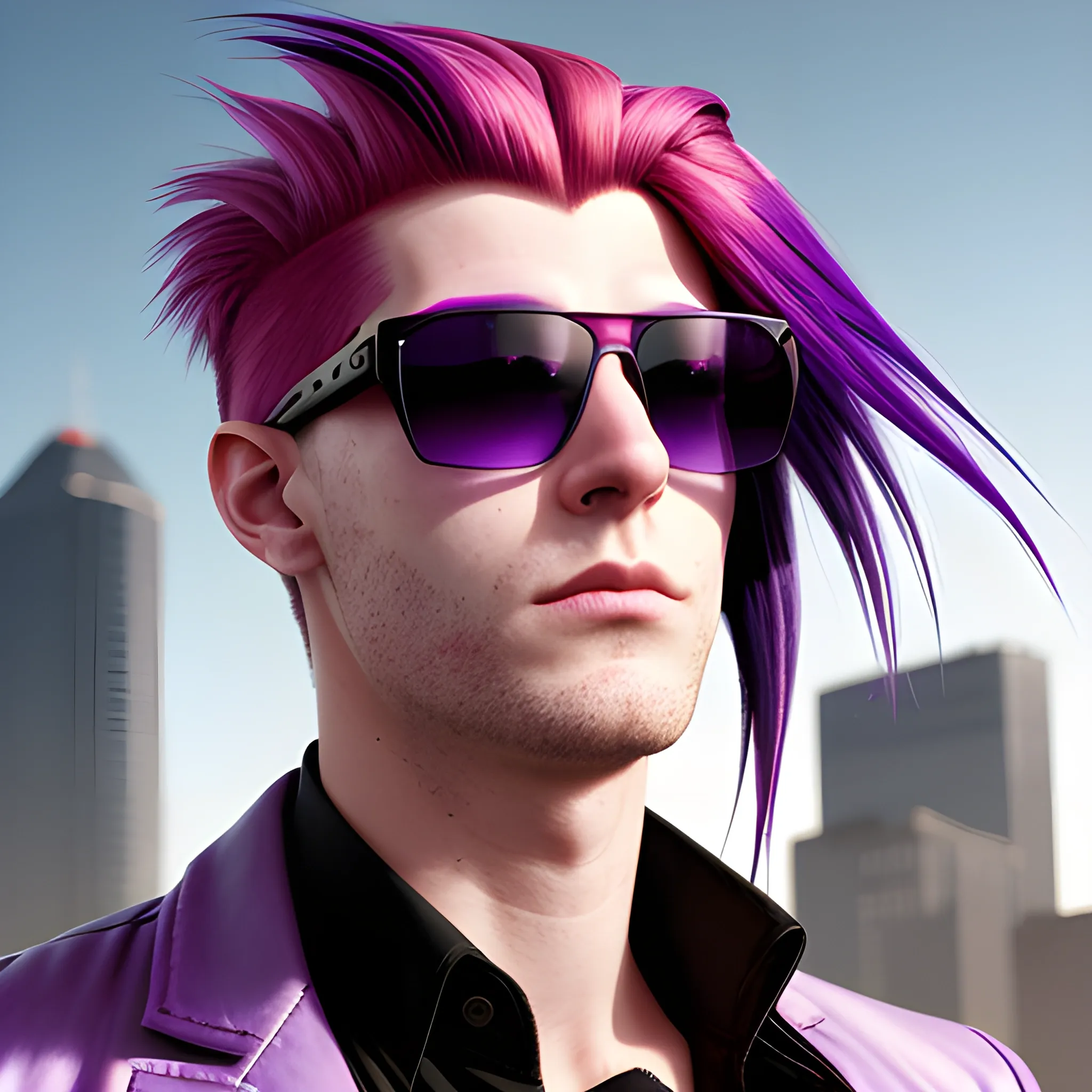 portrait of a Caucasian cyberpunk male clean shaven with really long red and purple striped hair wearing sunglasses