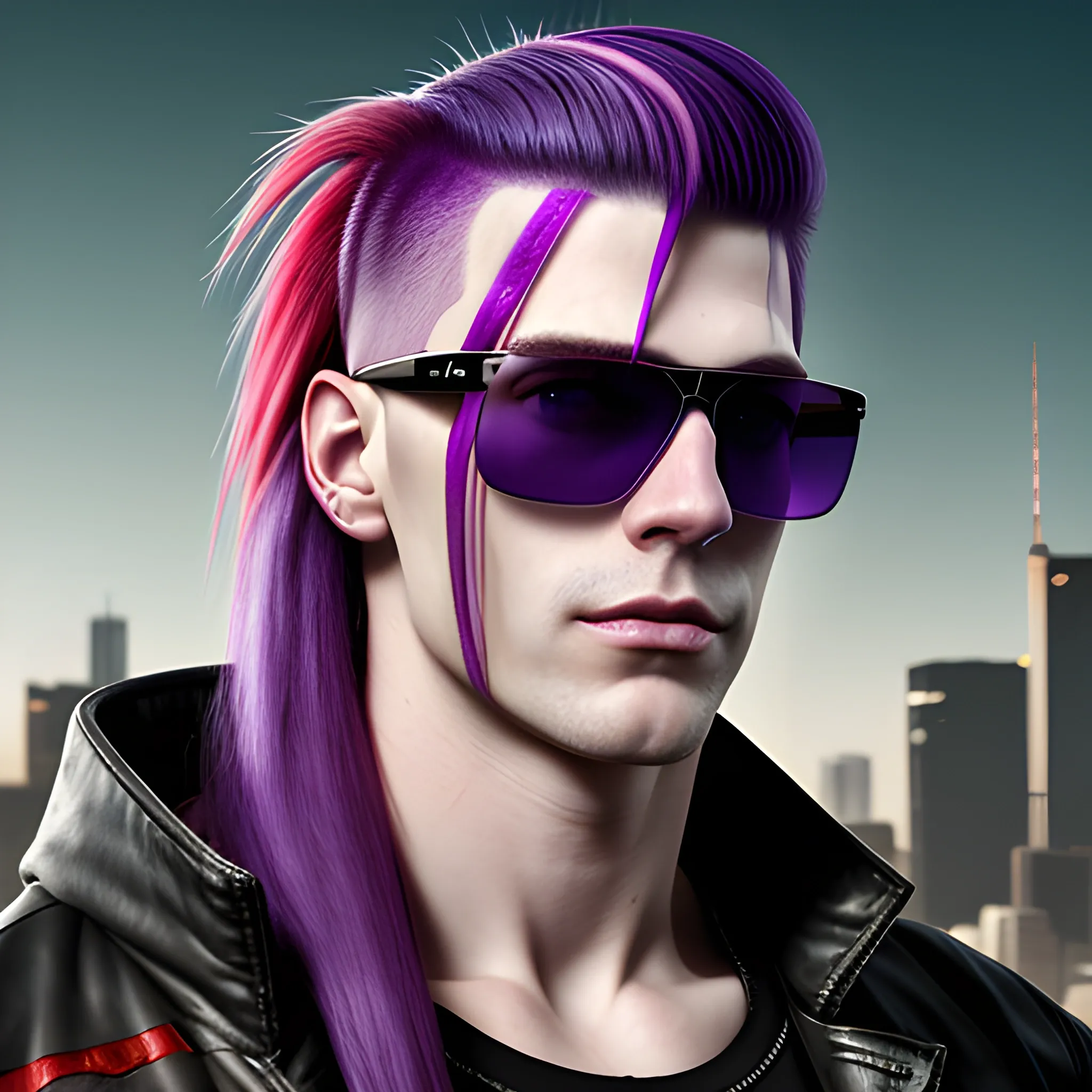 portrait of a Caucasian cyberpunk male clean shaven with really long red and purple striped hair wearing sunglasses