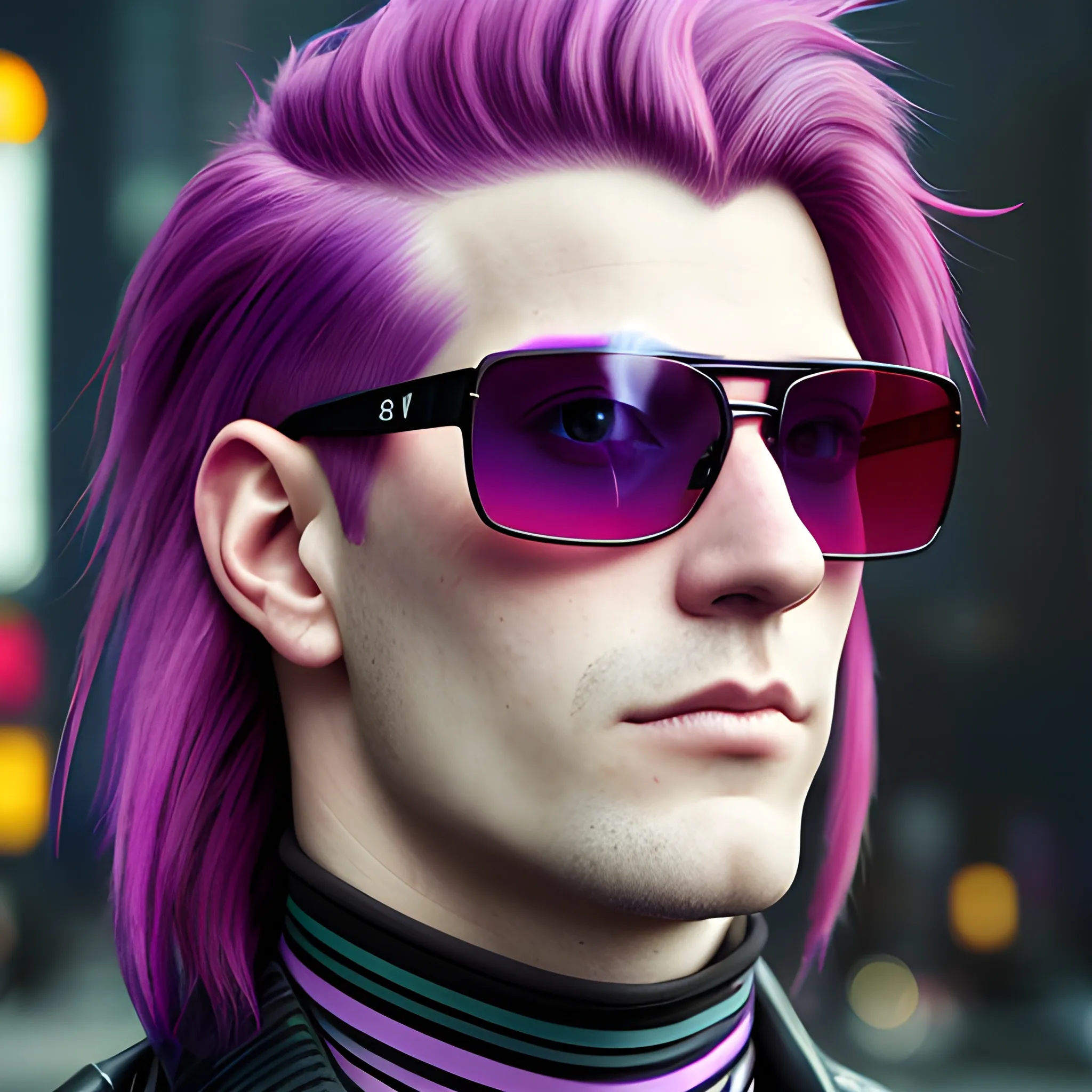 portrait of a Caucasian cyberpunk male clean shaven with really long red and purple striped hair wearing sunglasses