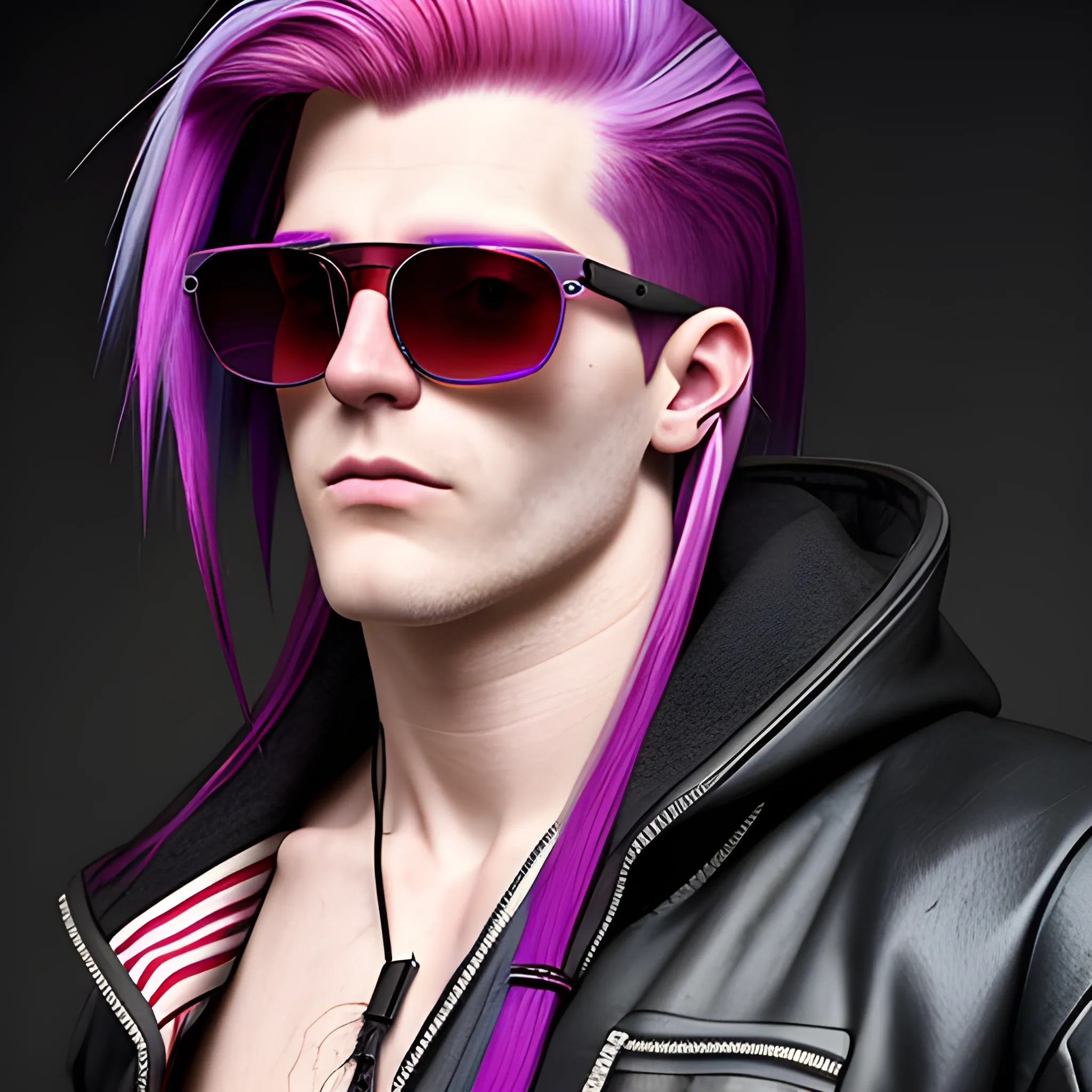 portrait of a Caucasian cyberpunk male clean shaven with really long red and purple striped hair wearing sunglasses