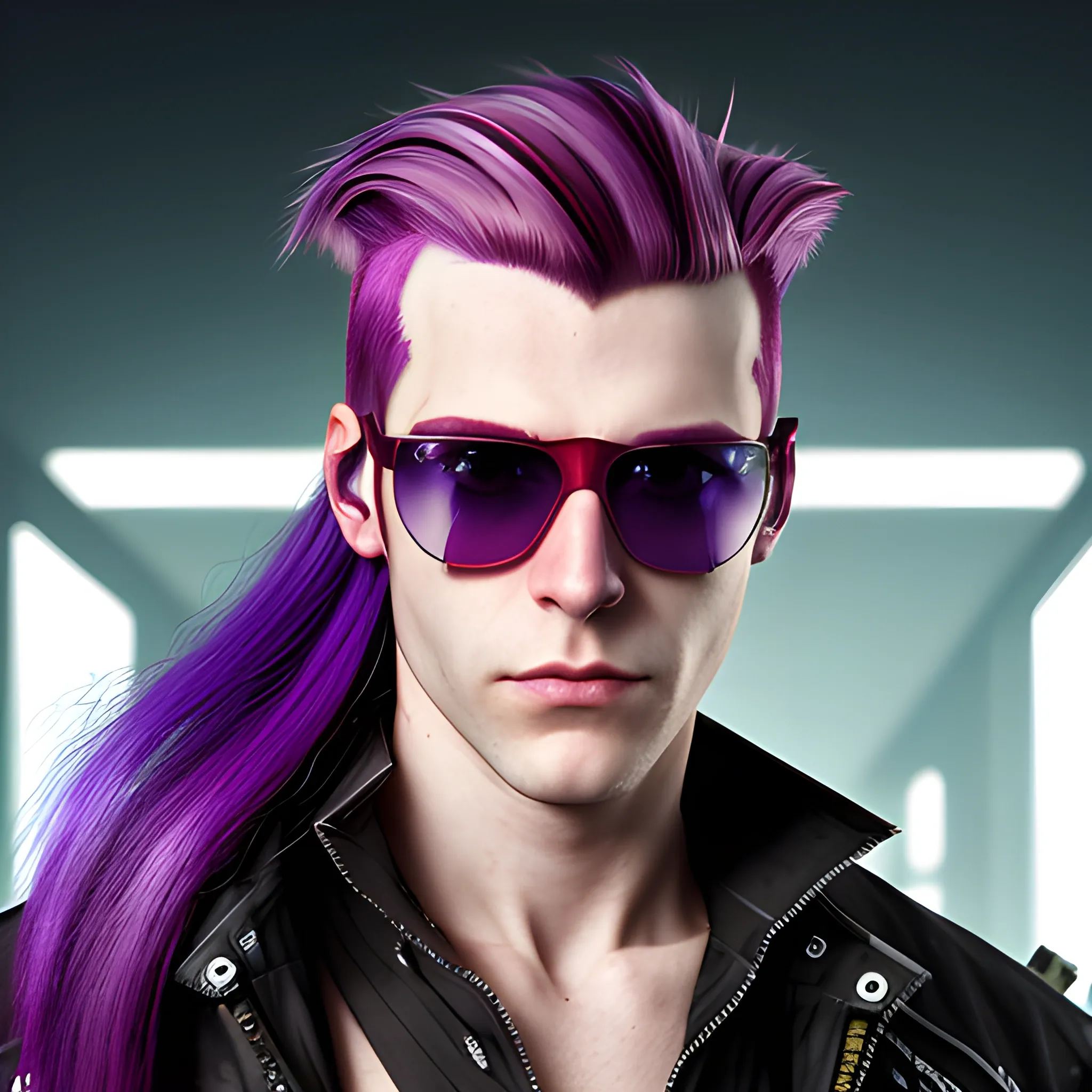 portrait of a Caucasian cyberpunk male clean shaven with really long red and purple striped hair wearing sunglasses