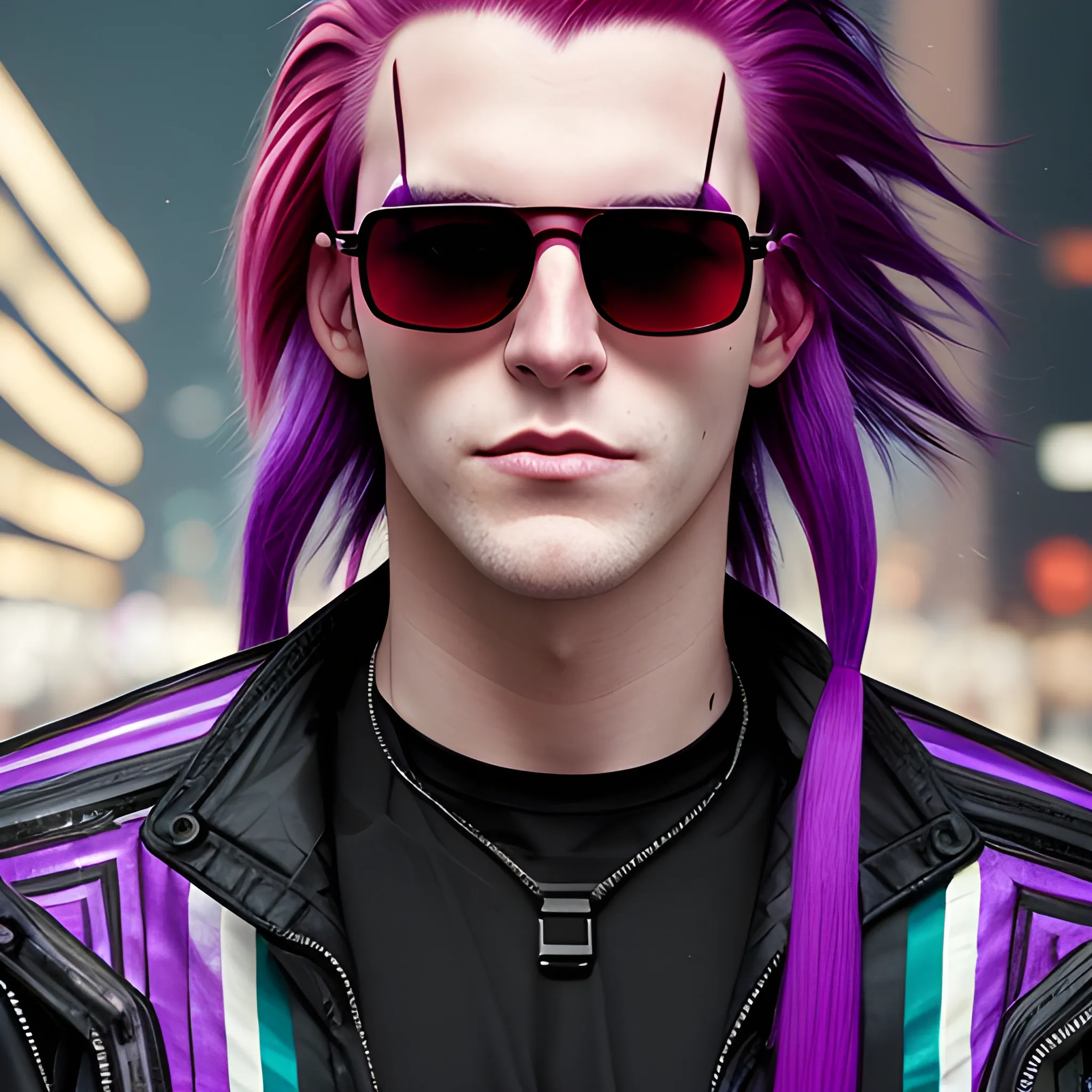 portrait of a Caucasian cyberpunk male clean shaven with really long red and purple striped hair wearing sunglasses