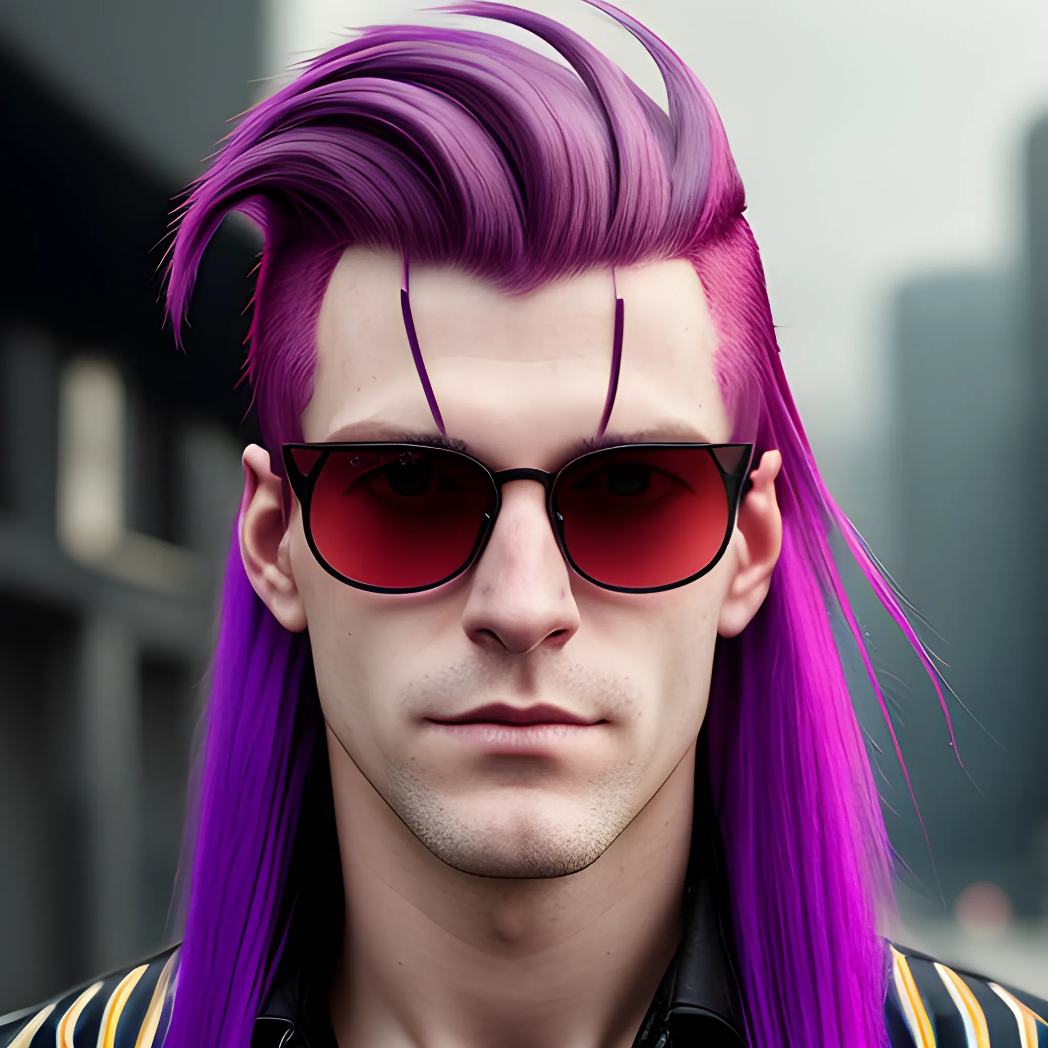 portrait of a Caucasian cyberpunk male clean shaven with really long red and purple striped hair wearing sunglasses