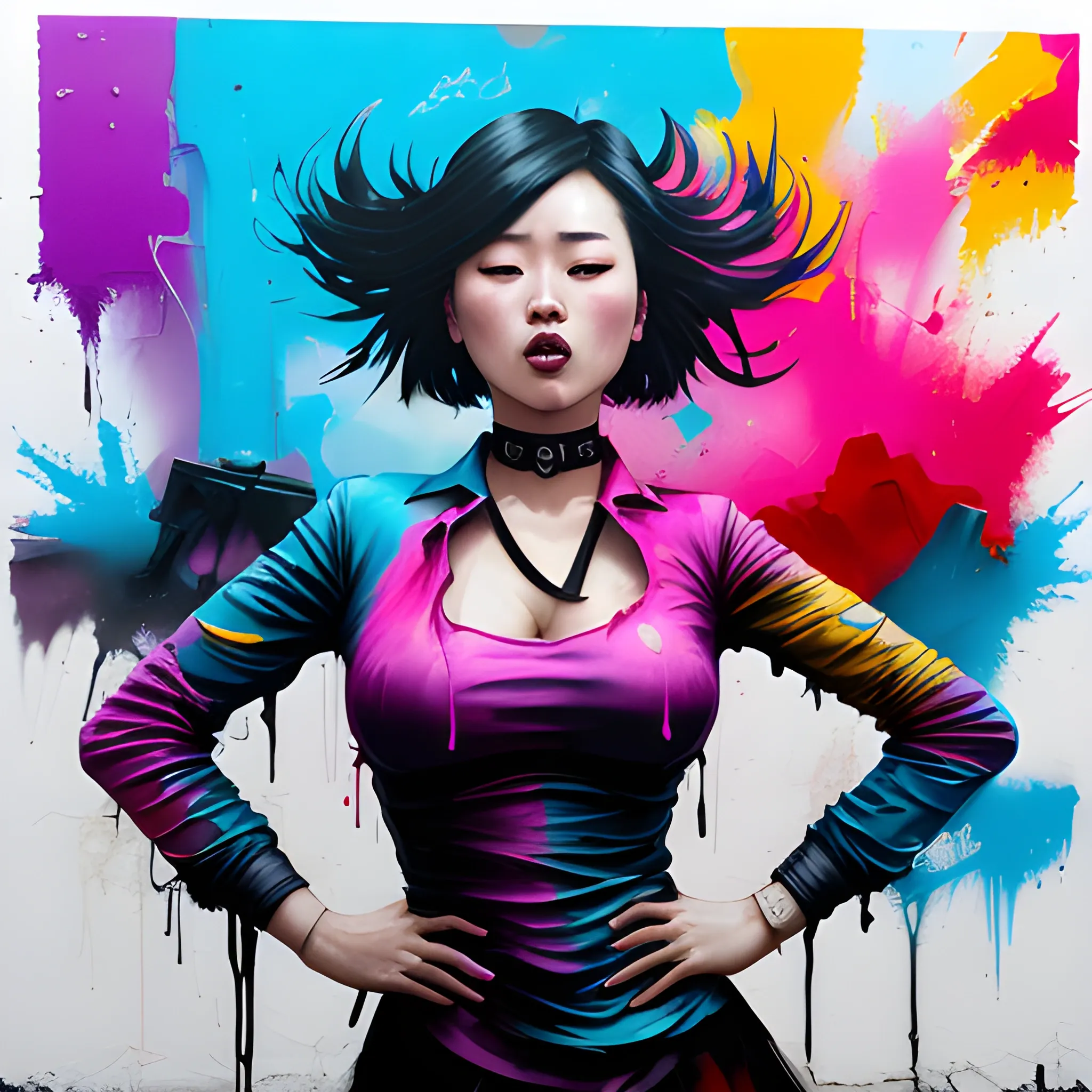 dark painting, intensive colors, military fashion shot of a beautiful modern agitated korean actress Oh Na-ra posing in front of a postapocaliptic city, open mouth, full figure, big bossom, fit, tight magenta costume,  short skirt,  legs,  choker, postapocaliptic city nigh, sinister by Greg Rutkowski graffiti art, splash art, street art, spray paint, oil gouache melting, acrylic, high contrast, colorful polychromatic, ultra detailed, ultra quality, CGSociety, 