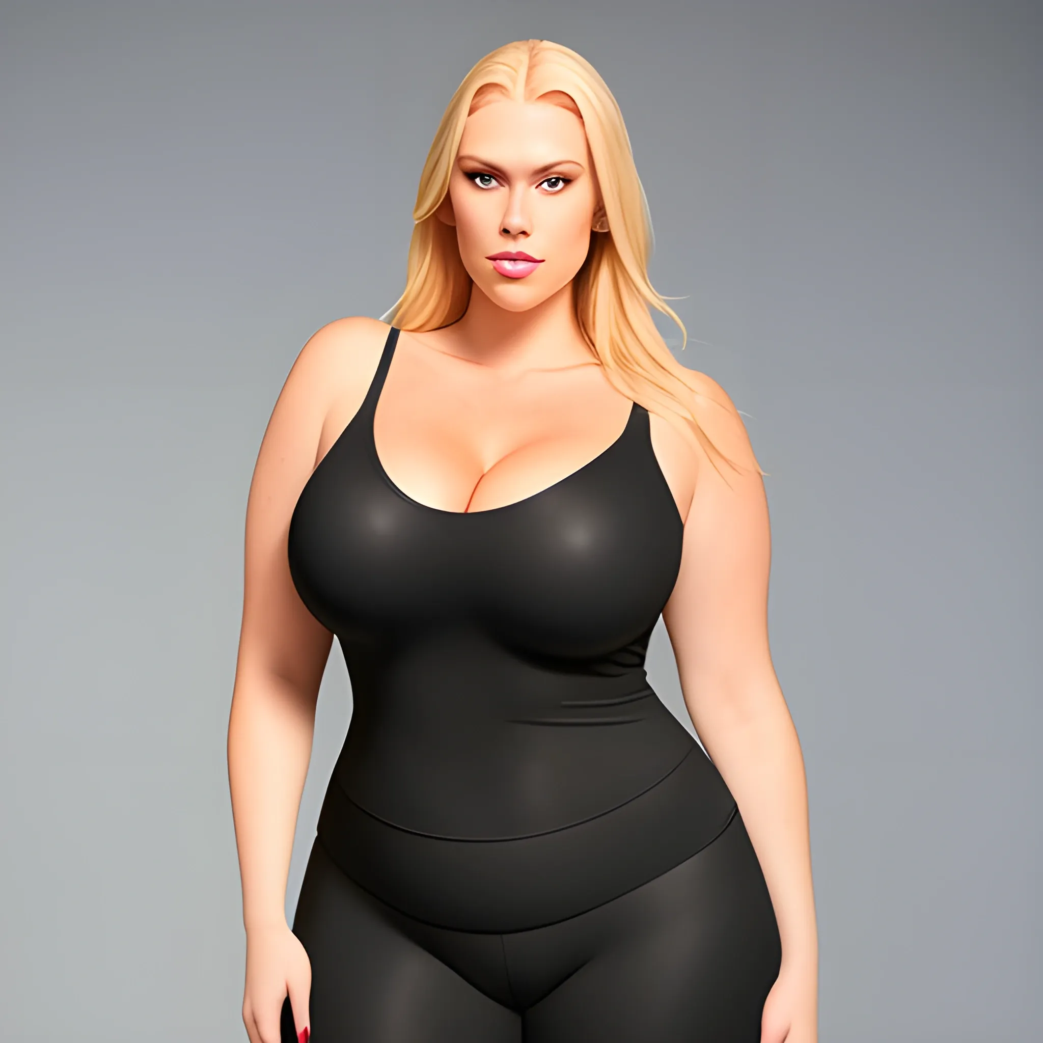 huge plus size blonde young girl with small head and very broad shoulders standing close towering over us 