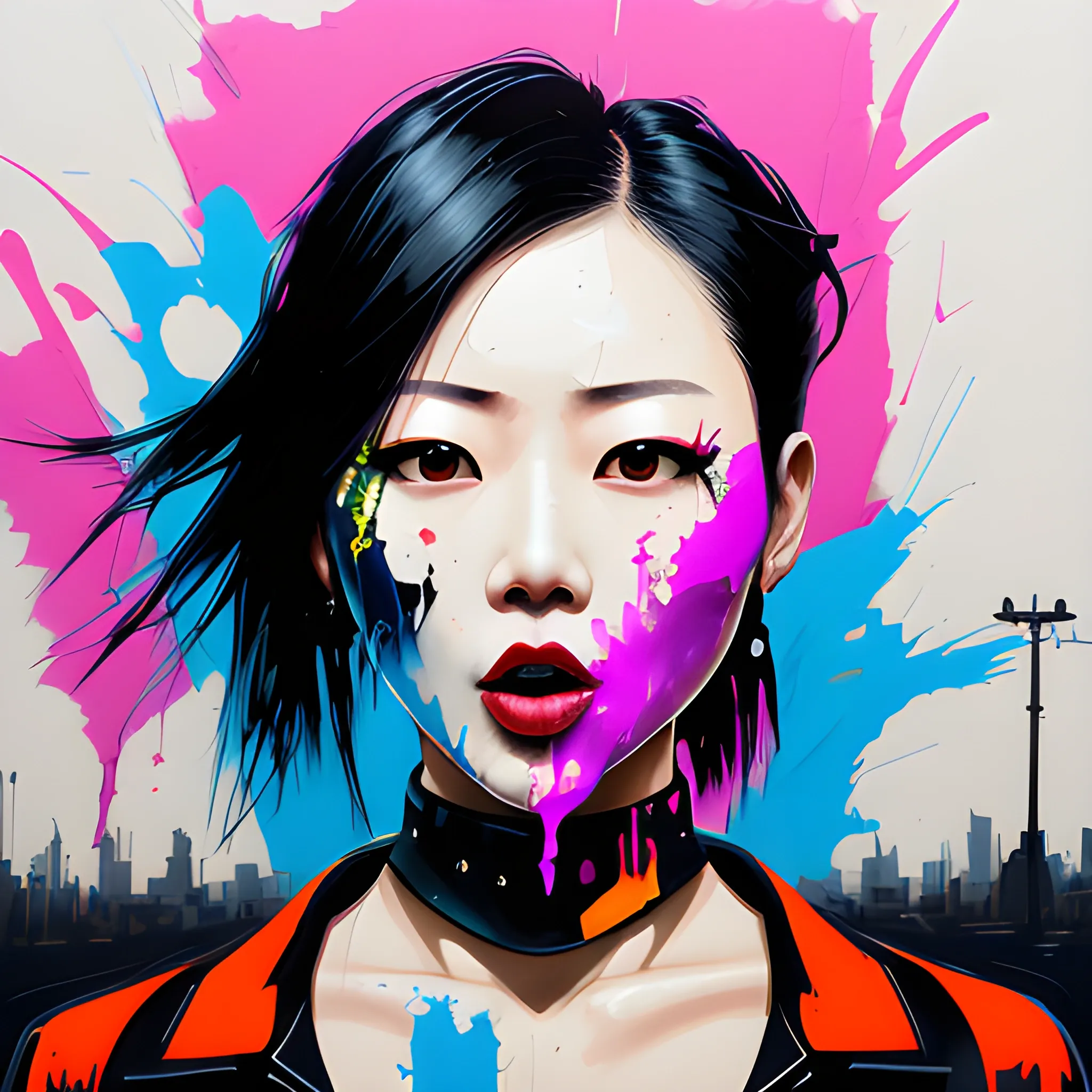 dark painting, intensive colors, military fashion shot of a beautiful modern agitated korean actress Oh Na-ra posing in front of a postapocaliptic city, open mouth, full figure, regular face, big bossom, fit, tight magenta costume,  short skirt,  legs,  choker, postapocaliptic city nigh, sinister by Greg Rutkowski graffiti art, splash art, street art, spray paint, oil gouache melting, acrylic, high contrast, colorful polychromatic, ultra detailed, ultra quality, CGSociety, 