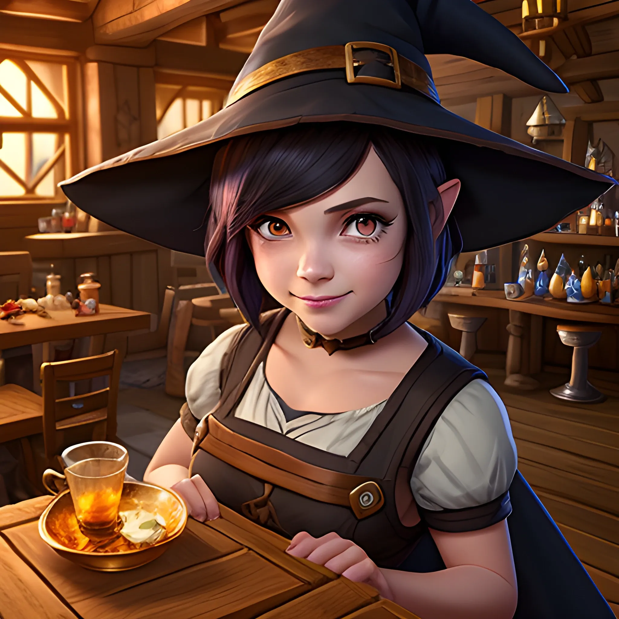 short dark hair, Annie league of Legends, cute halfling, big witch hat, sly wink, close up, detailed tavern interior, 4k digital