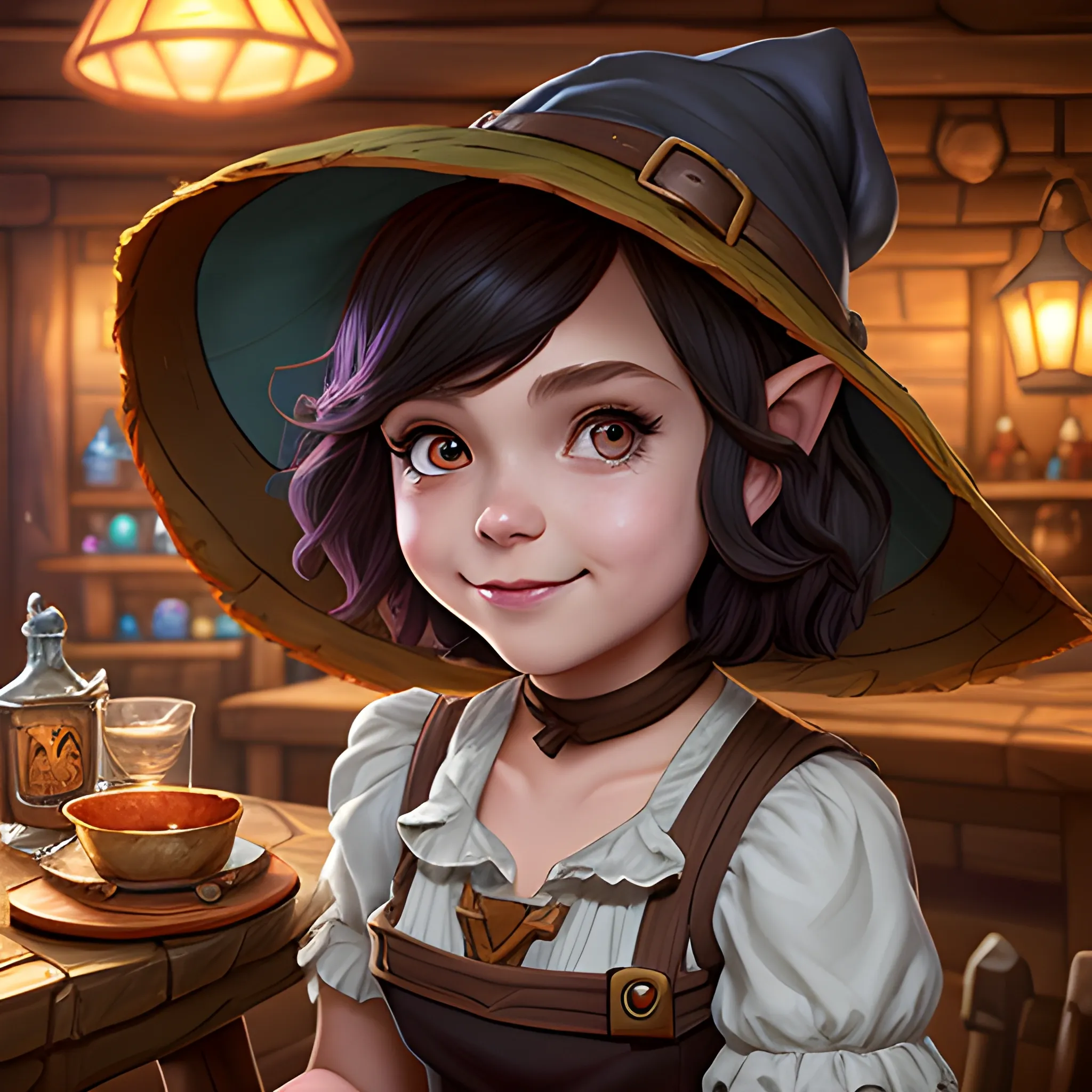 short dark hair, Annie league of Legends, cute halfling, huge brim, big witch hat, whimsical, close up, detailed tavern interior, 4k digital,