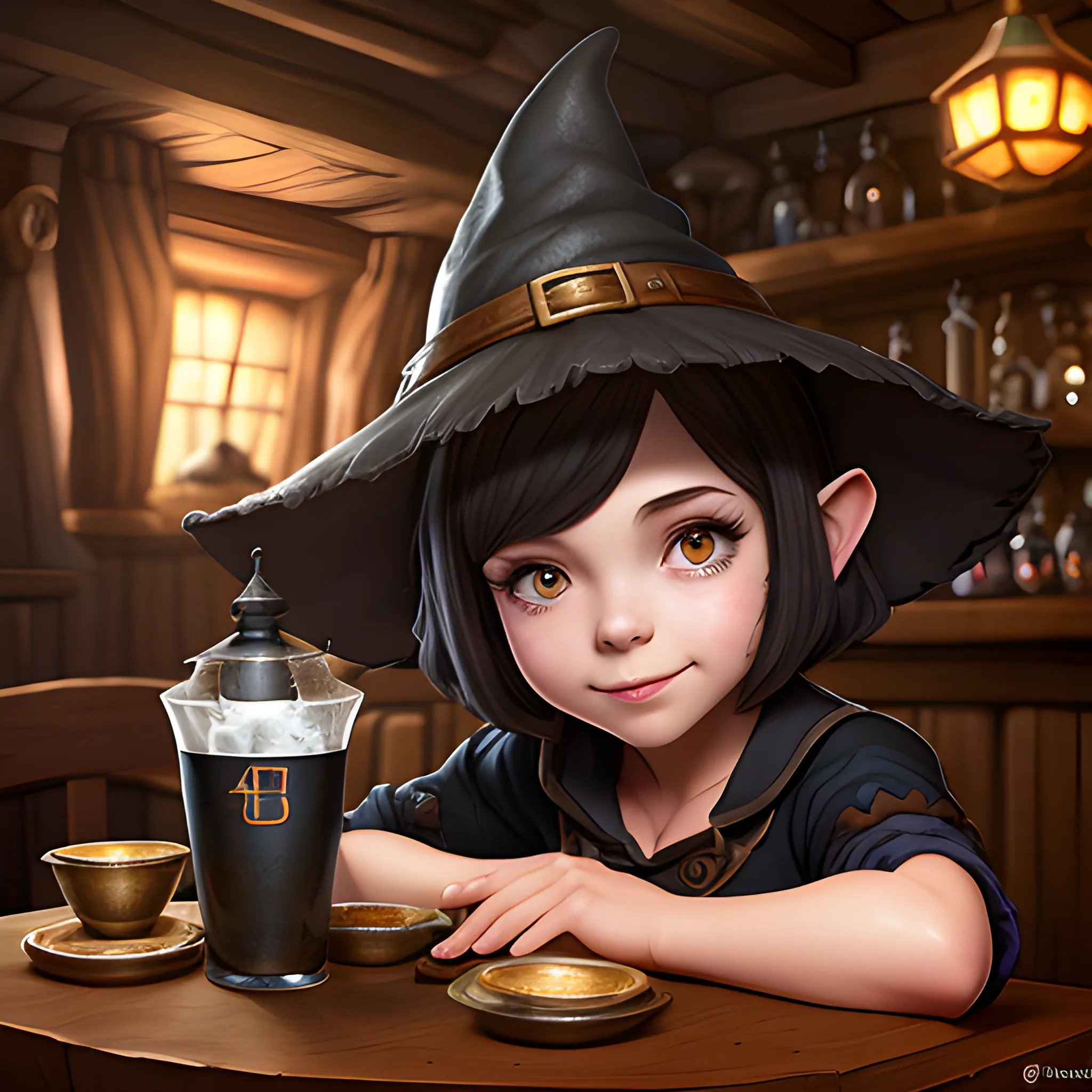 short dark hair, Annie league of Legends, cute halfling, big floppy brim, big black witch hat, whimsical, close up, detailed tavern interior, 4k digital