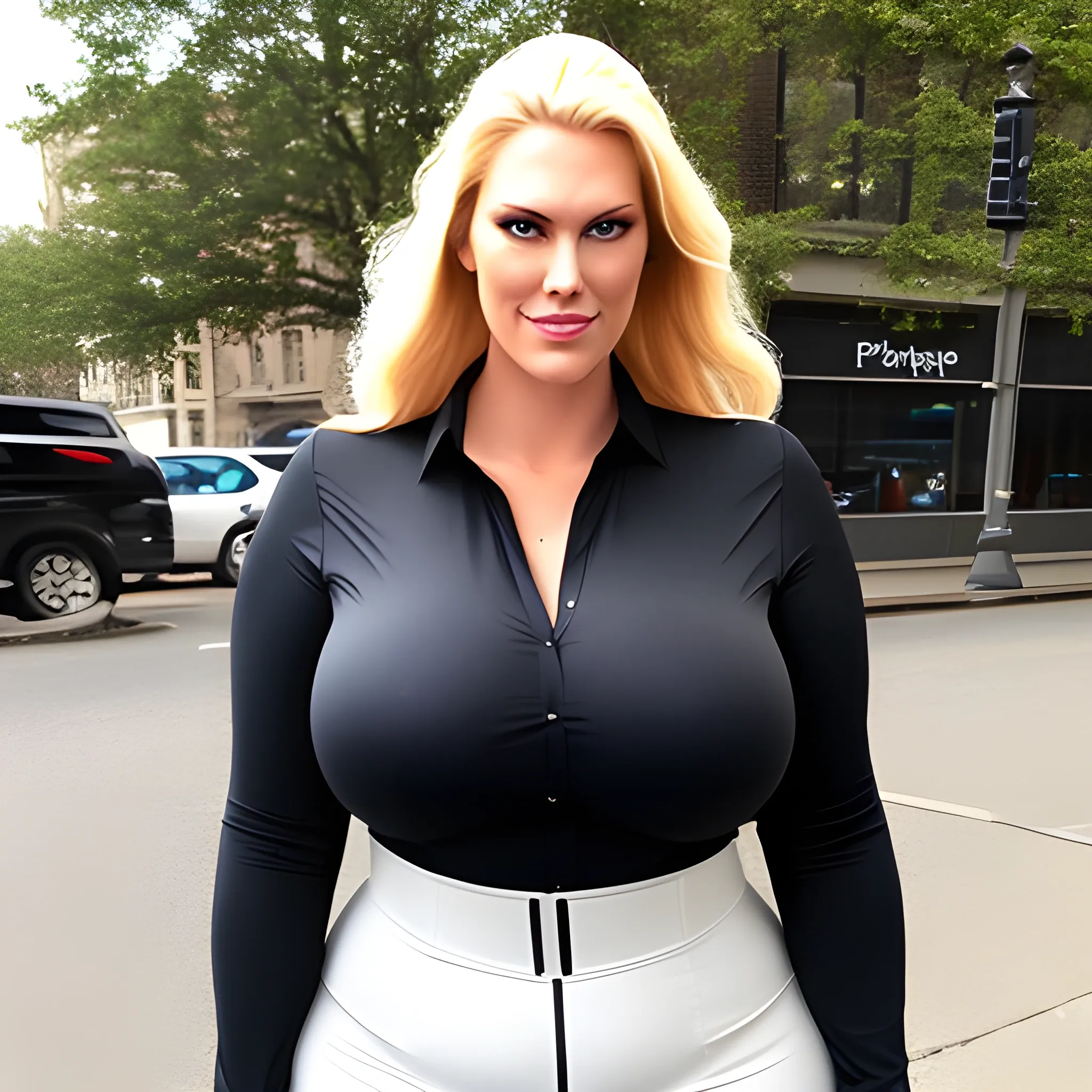 huge very tall plus size blonde young girl with very small head and very broad shoulders standing close towering over us