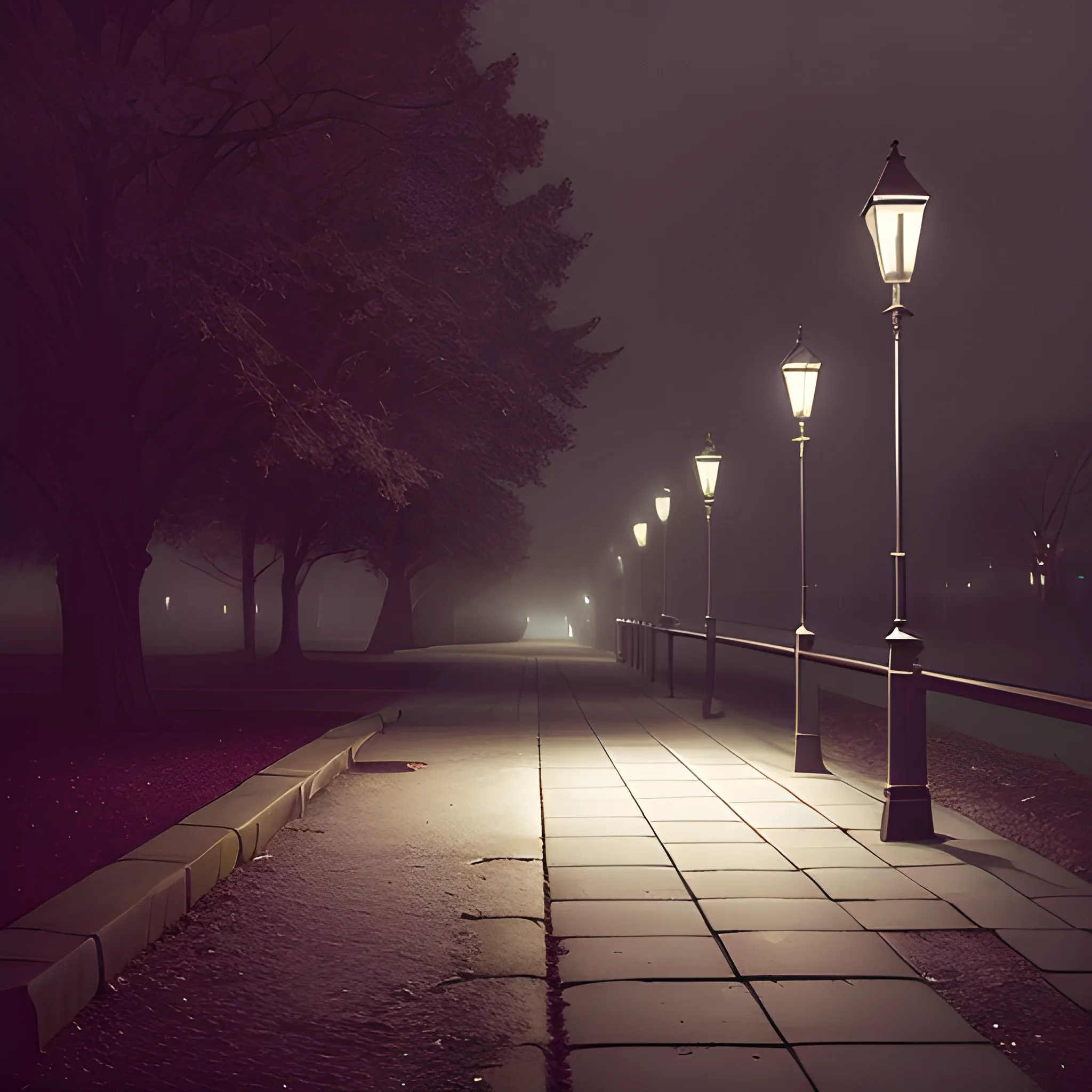 "Compose an evocative scene that embodies the melancholy of a night: Describe a solitary bench resting along a softly illuminated pathway, basked in the glow of a lone streetlight. The dance between intense shadows and the overcast heavens should conjure a feeling of poignant elegance that gently pulls at the emotions, the night enveloped in profound darkness."