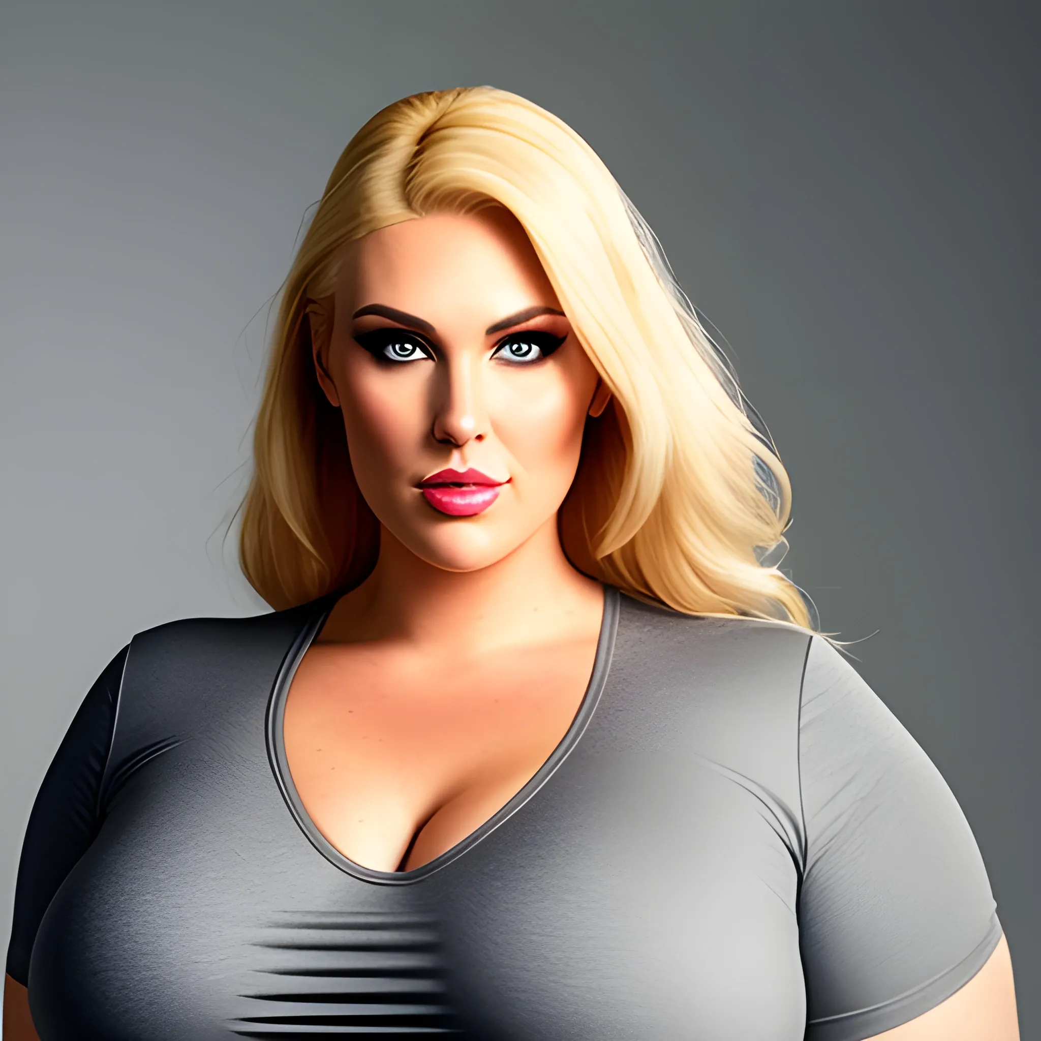 huge plus size blonde young girl with small head and very broad shoulders standing close towering over us