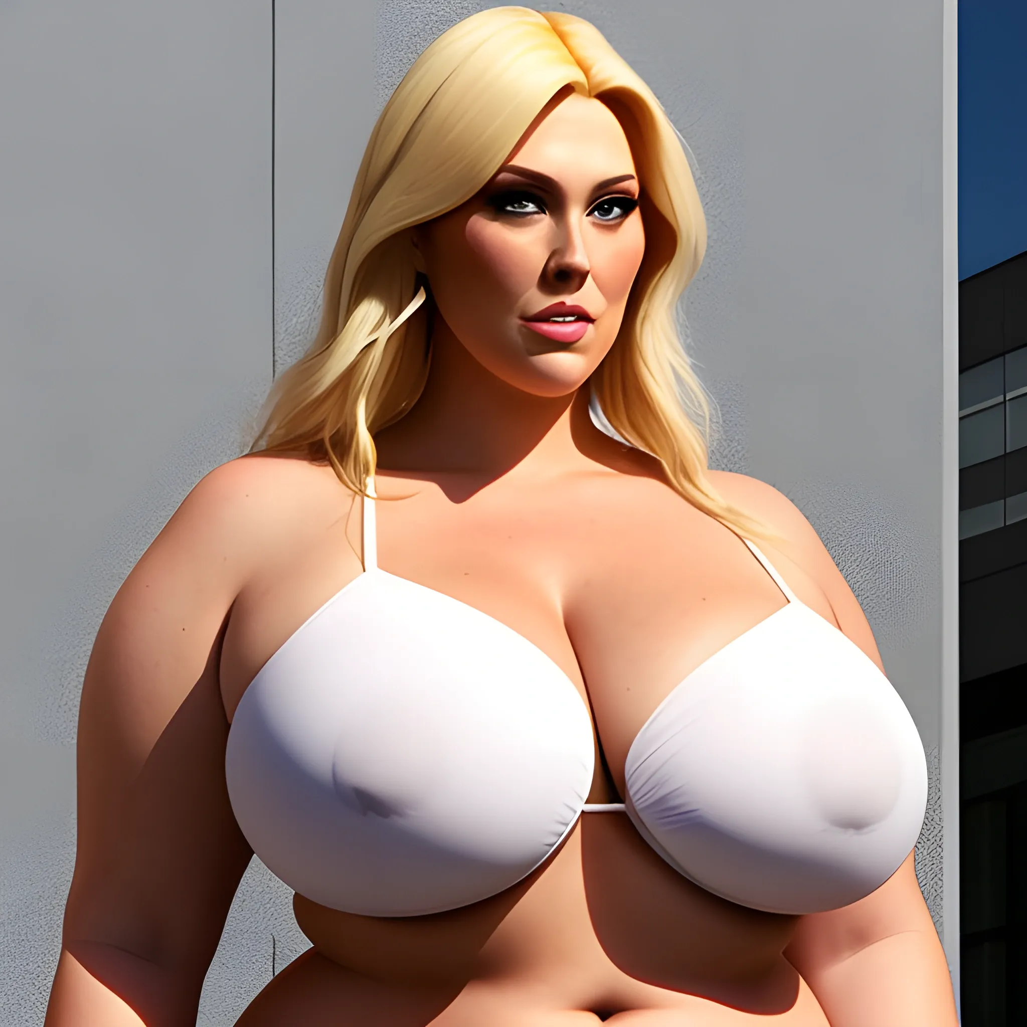 huge plus size blonde young girl with small head and very broad shoulders standing close towering over us 