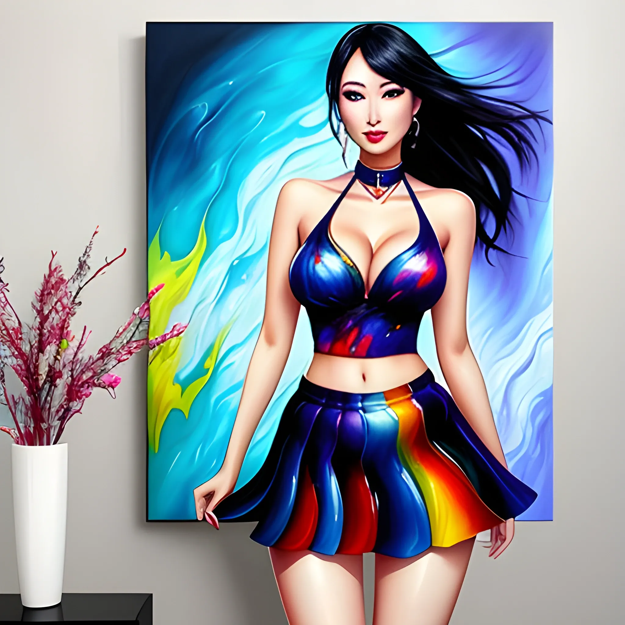 Fluid painting art asian girl, full figure, choker, short skirt,... -  Arthub.ai