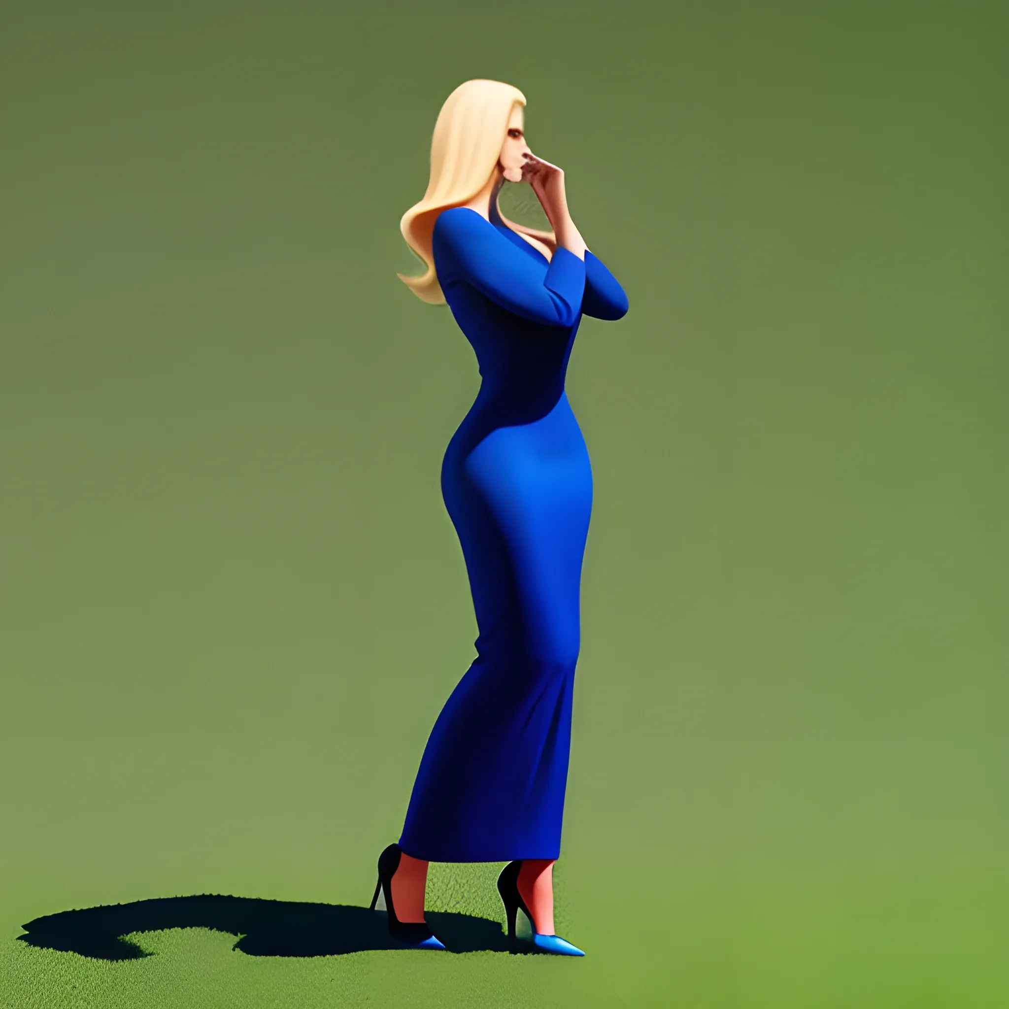 very tall mighty fullslim blonde very young girl with small head and very broad shoulders bowing kindly downwards from under blue sky towards us 