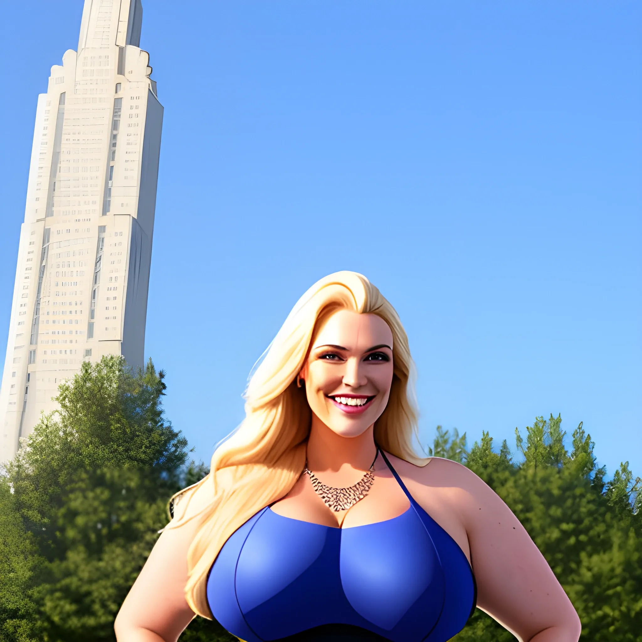 huge smiling kind very tall voluptuous blonde very young girl with very small head and very broad shoulders standing under blue sky close to us towering strongly over us