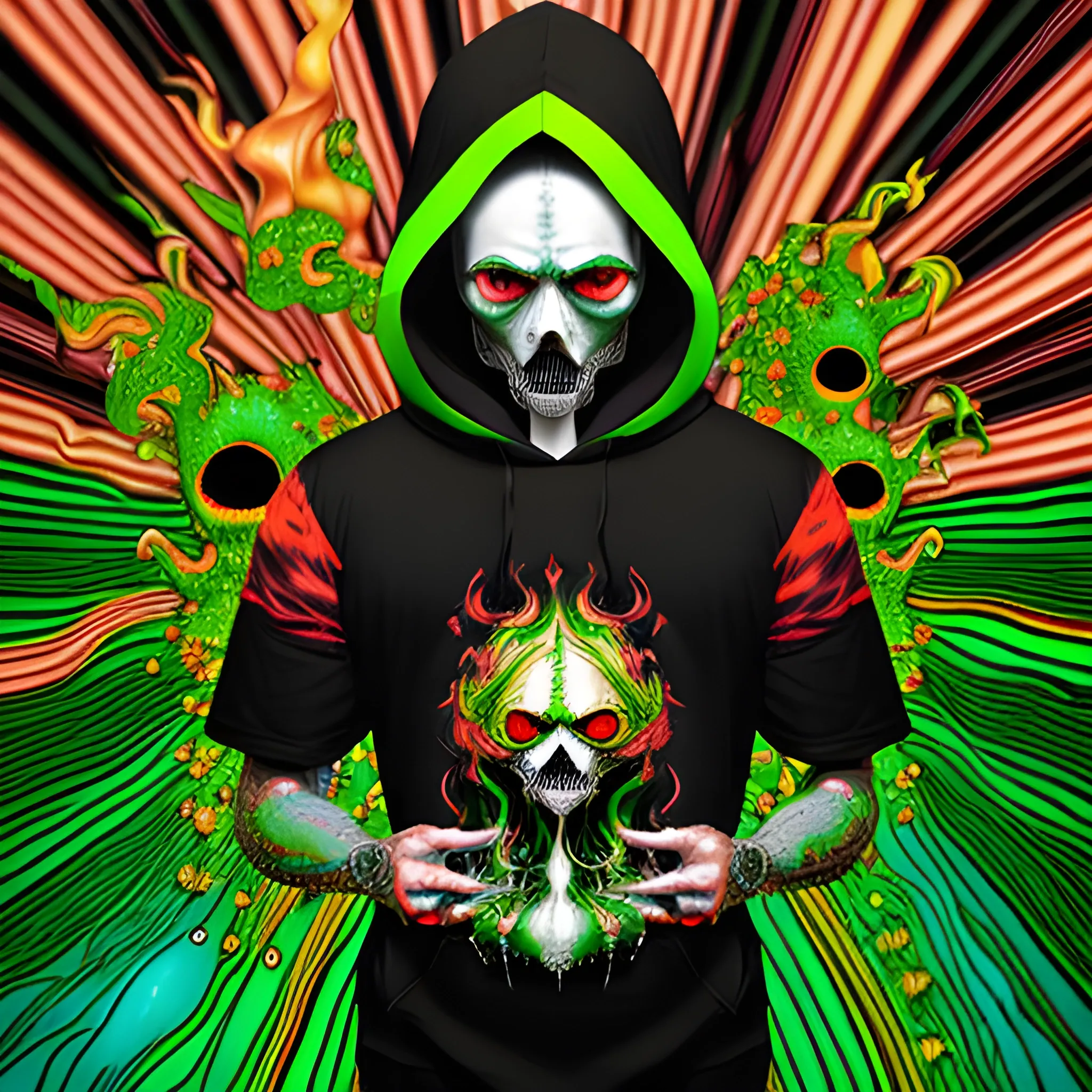 rfktrstyle A 4k hooded skull controlling and manipulating out of control fire and water, multicolor fire, freshy, surrounded by chibiStyle hooded-sugar-skulls, (yellow&red colored fire)(black&green colored water:1.5), tangled, elemental splash, detailed glowing demon eyes, Dynamic, vivid, creative, soft shadow, perfect anatomy, perfect hands, hyperdetailed artwork,tshirt design,  perfectly centred, neo-expressionist oil paint, centred, posing portrait by hajime sorayama