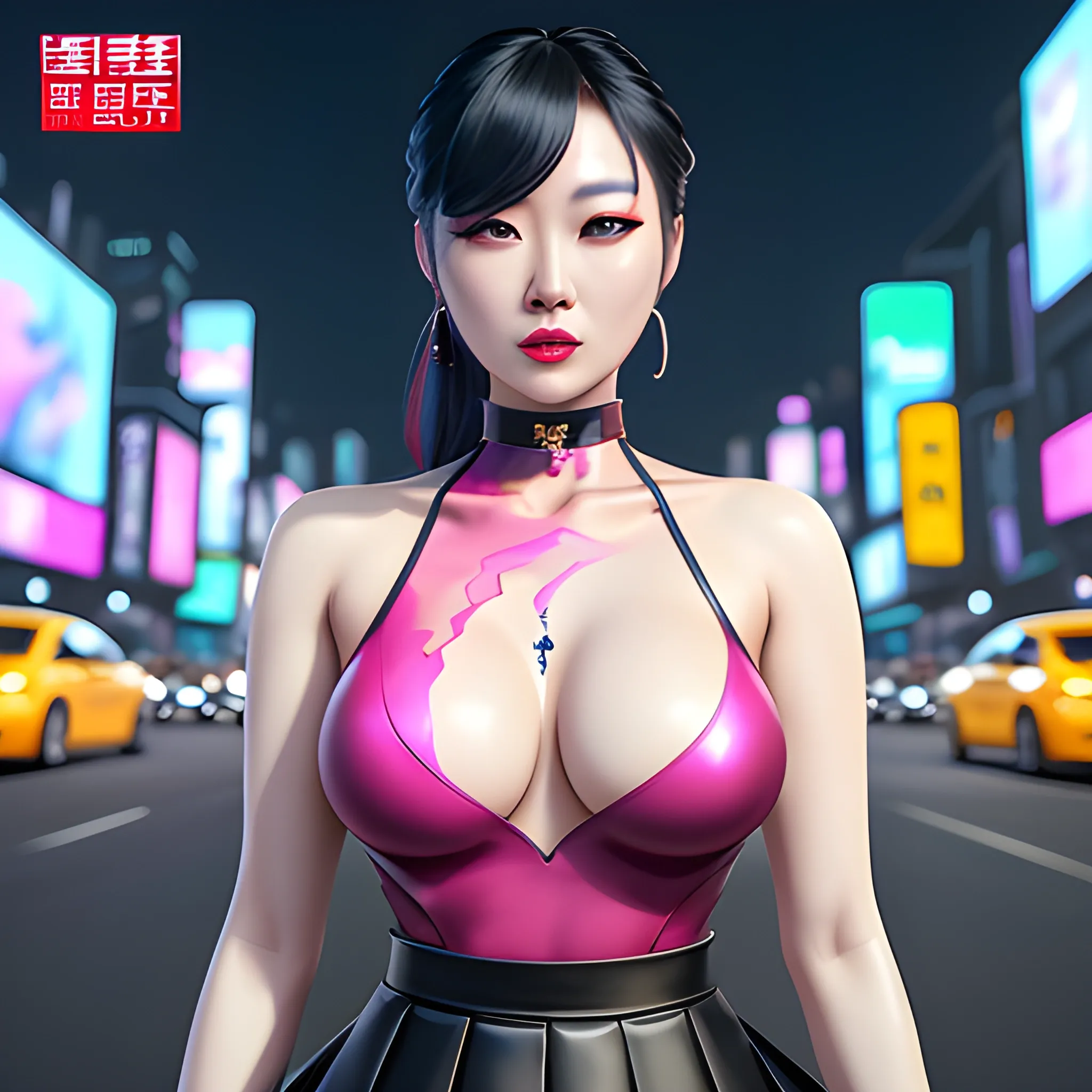 Fluid painting art asian girl, full figure, choker, short skirt, colorful, realistic, high quality, 3D dark painting, intensive colors, military fashion shot of a beautiful modern agitated korean actress Oh Na-ra posing in front of a postapocaliptic city, open mouth, full figure, regular face, big bossom, fit, tight magenta costume,  short skirt,  legs,  choker, postapocaliptic city nigh, sinister by Greg Rutkowski 