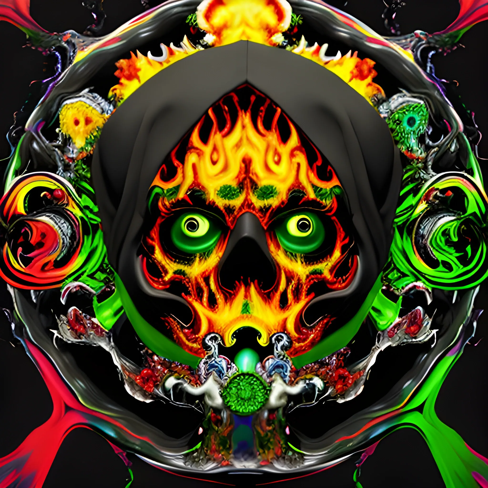 rfktrstyle A 4k hooded skull controlling and manipulating out of control fire and water, multicolor fire, freshy, surrounded by chibiStyle hooded-sugar-skulls, (yellow&red colored fire)(black&green colored water:1.5), tangled, elemental splash, detailed glowing demon eyes, Dynamic, vivid, creative, soft shadow, perfect anatomy, perfect hands, hyperdetailed artwork,tshirt design,  perfectly centred, neo-expressionist oil paint, centred, posing portrait by hajime sorayama