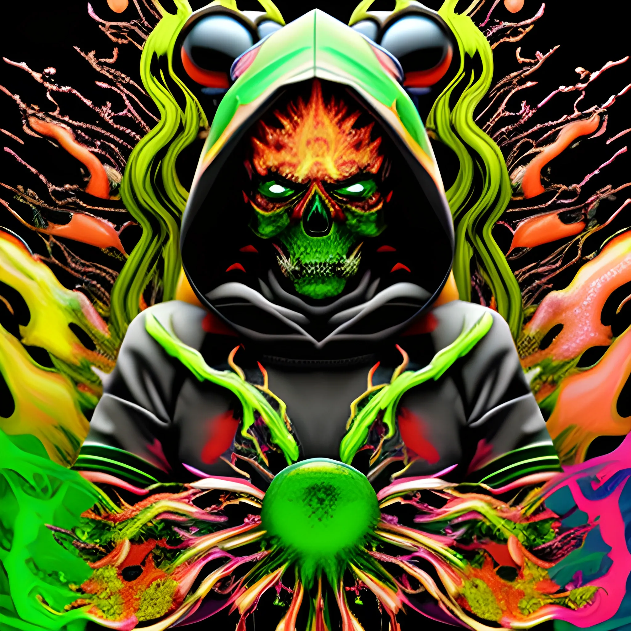 rfktrstyle A 4k major skull controlling and manipulating out of control fire and water, multicolor fire, freshy, surrounded by chibiStyle hooded-sugar-skulls, (yellow&red colored fire)(black&green colored water:1.5), tangled, elemental splash, detailed glowing demon eyes, Dynamic, vivid, creative, soft shadow, perfect anatomy, perfect hands, hyperdetailed artwork,tshirt design,  perfectly centred, neo-expressionist oil paint, centred, posing portrait by hajime sorayama