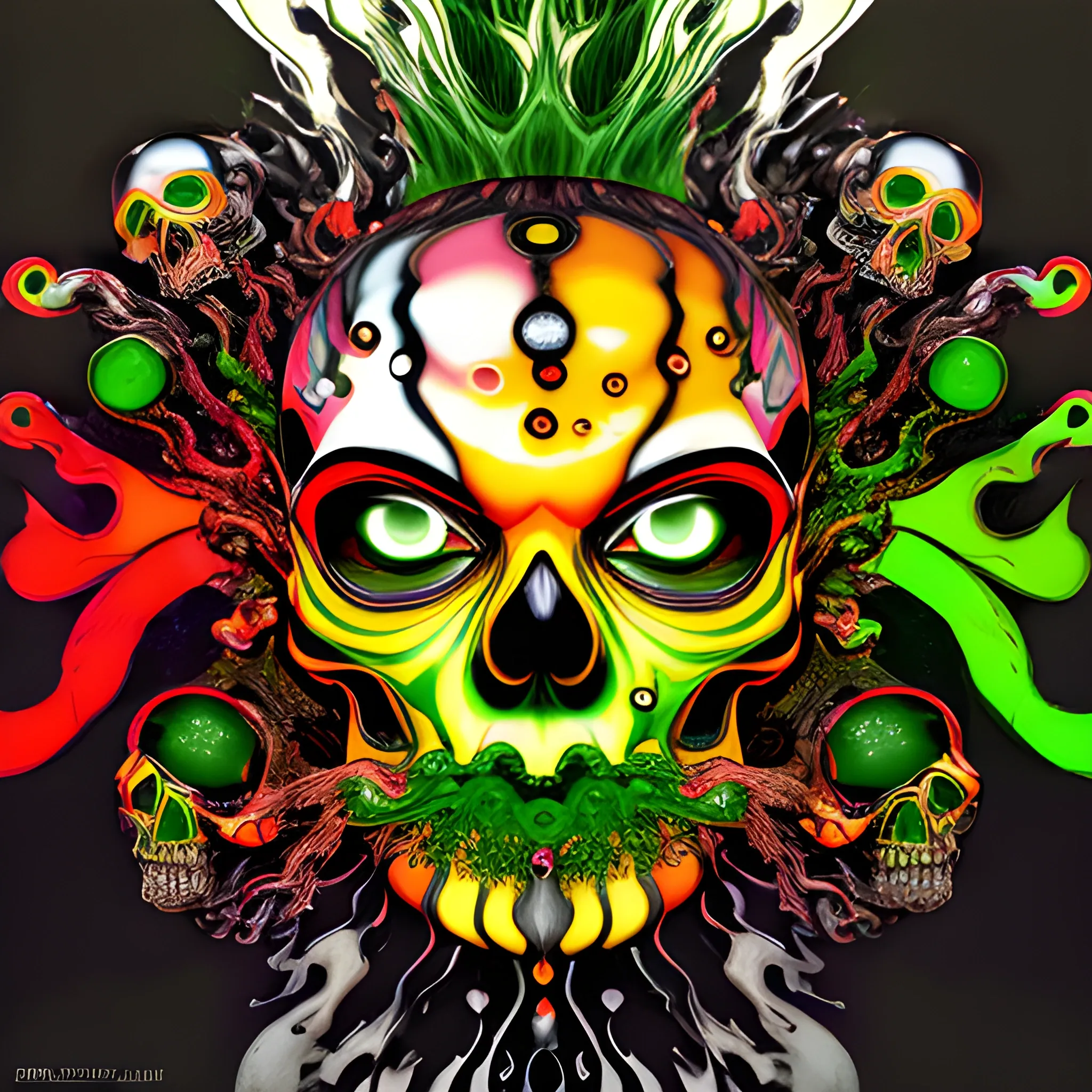 rfktrstyle A 4k major skull controlling and manipulating out of control fire and water, multicolor fire, freshy, surrounded by chibiStyle hooded-sugar-skulls, (yellow&red colored fire)(black&green colored water:1.5), tangled, elemental splash, detailed glowing demon eyes, Dynamic, vivid, creative, soft shadow, perfect anatomy, perfect hands, hyperdetailed artwork,tshirt design,  perfectly centred, neo-expressionist oil paint, centred, posing portrait by hajime sorayama