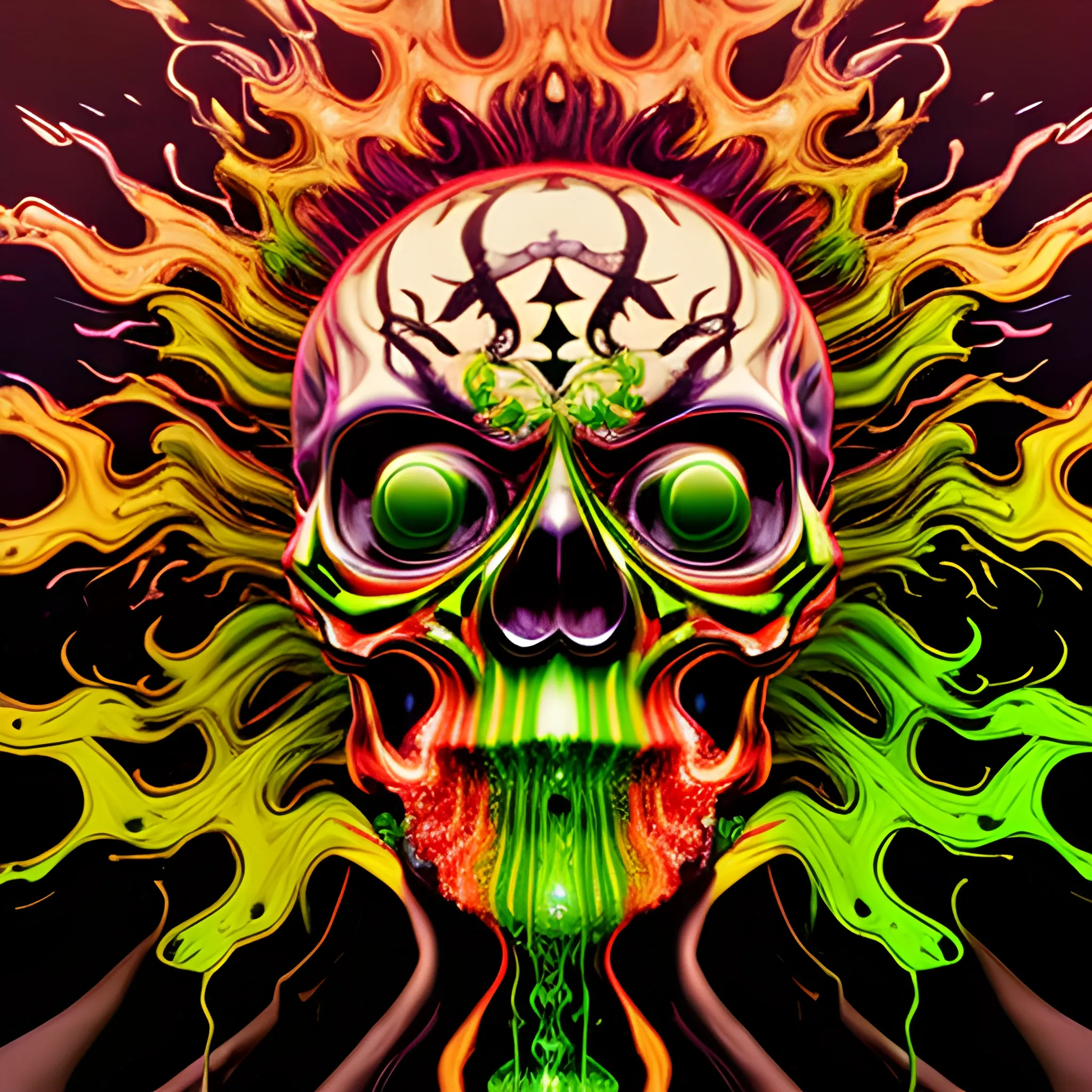 rfktrstyle A 4k conjuring skull controlling and manipulating out of control fire and water, multicolor fire, freshy, surrounded by chibiStyle hooded-sugar-skulls, (yellow&red colored fire)(black&green colored water:1.5), tangled, elemental splash, detailed glowing demon eyes, Dynamic, vivid, creative, soft shadow, perfect anatomy, perfect hands, hyperdetailed artwork,tshirt design,  perfectly centred, neo-expressionist oil paint, centred, posing portrait by hajime sorayama