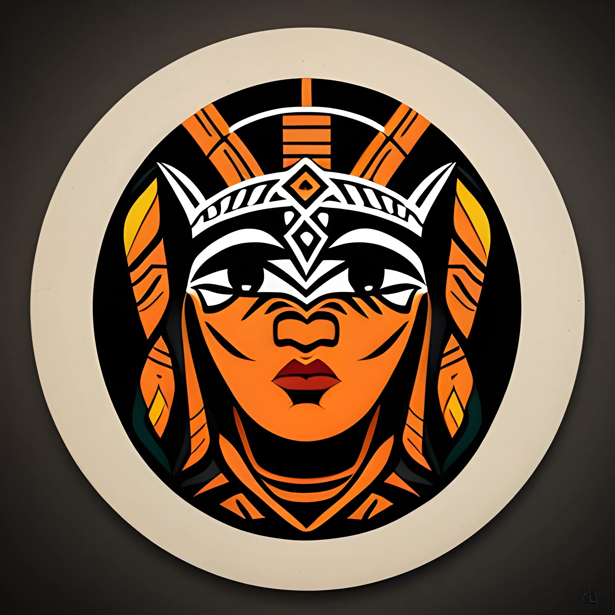 uma logo em estilo desenho tribal de tótem de madeira esculpido com um rosto com um sol ao redor, desenho de cores sólidas, preto e branco, referência de desenhos e estampas maori.