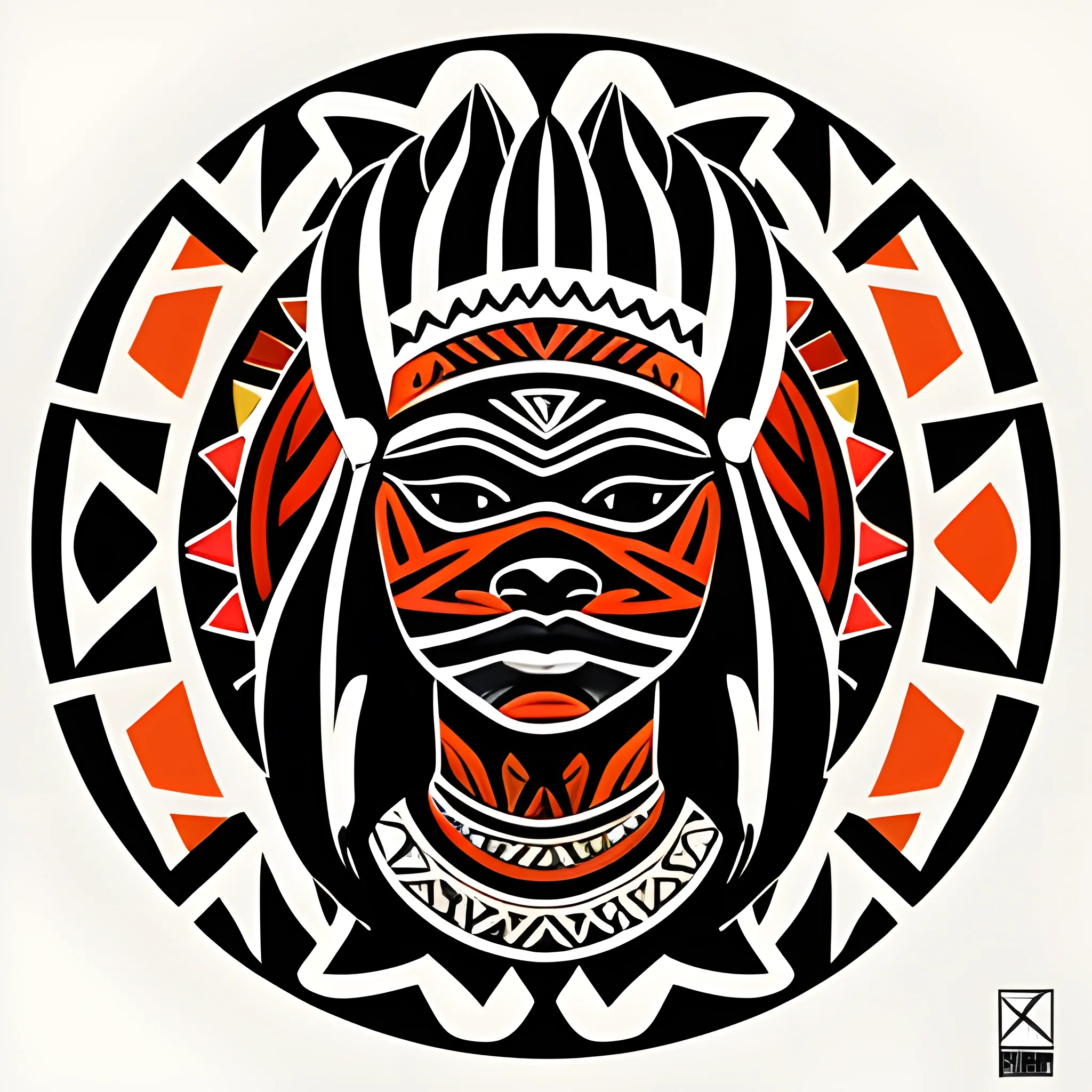 uma logo em estilo desenho tribal de tótem de madeira esculpido com um rosto com um sol ao redor, desenho de cores sólidas, preto e branco, referência de desenhos e estampas maori.