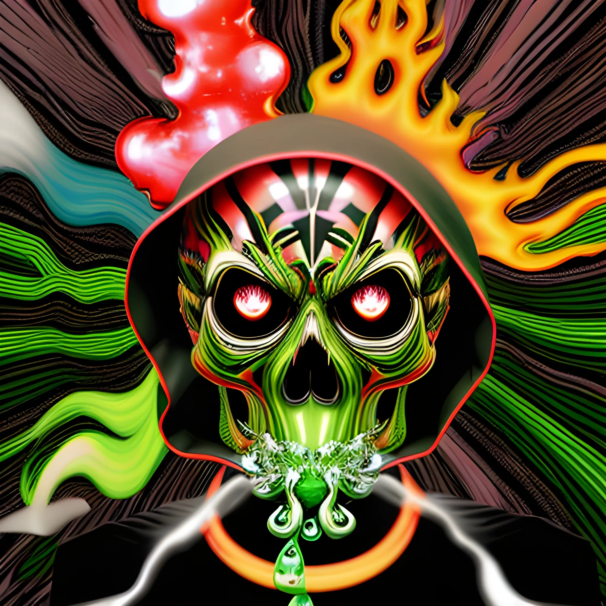 rfktrstyle A 4k death skull controlling and manipulating out of control fire and water, multicolor fire, freshy, surrounded by chibiStyle hooded-sugar-skulls, (yellow&red colored fire)(black&green colored water:1.5), tangled, elemental splash, detailed glowing demon eyes, Dynamic, vivid, creative, soft shadow, perfect anatomy, perfect hands, hyperdetailed artwork,tshirt design,  perfectly centred, neo-expressionist oil paint, centred, posing portrait by hajime sorayama