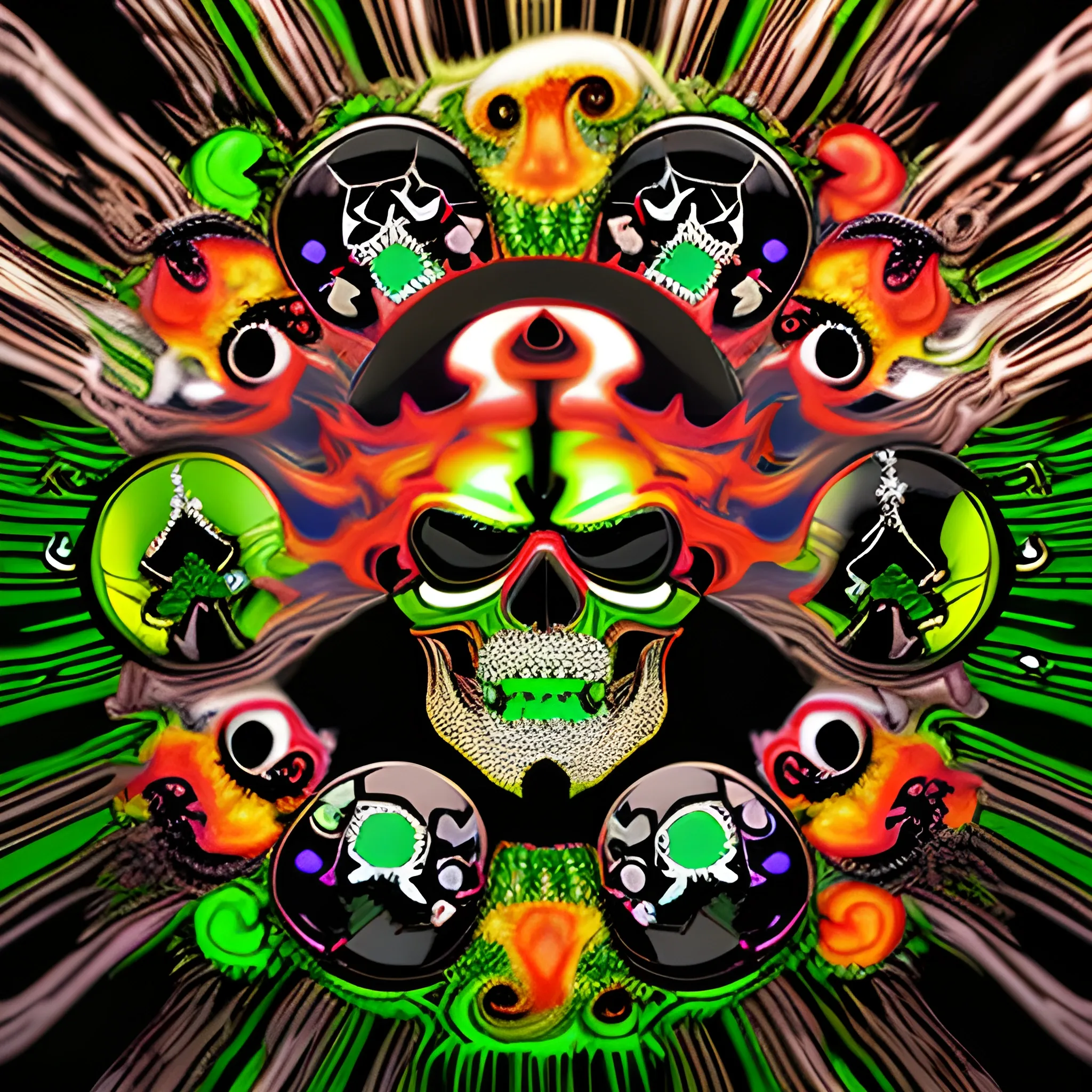 rfktrstyle A 4k death skull controlling and manipulating out of control fire and water, multicolor fire, freshy, surrounded by chibiStyle hooded-sugar-skulls, (yellow&red colored fire)(black&green colored water:1.5), tangled, elemental splash, detailed glowing demon eyes, Dynamic, vivid, creative, soft shadow, perfect anatomy, perfect hands, hyperdetailed artwork,tshirt design,  perfectly centred, neo-expressionist oil paint, centred, posing portrait by hajime sorayama