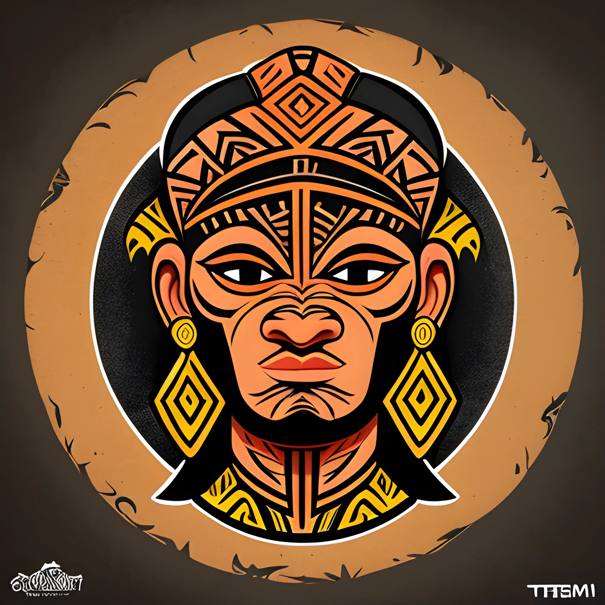 uma logo em estilo desenho tribal de tótem de madeira esculpido com um rosto com um sol ao redor, desenho de cores sólidas, preto e branco, referência de desenhos e estampas maori., Cartoon