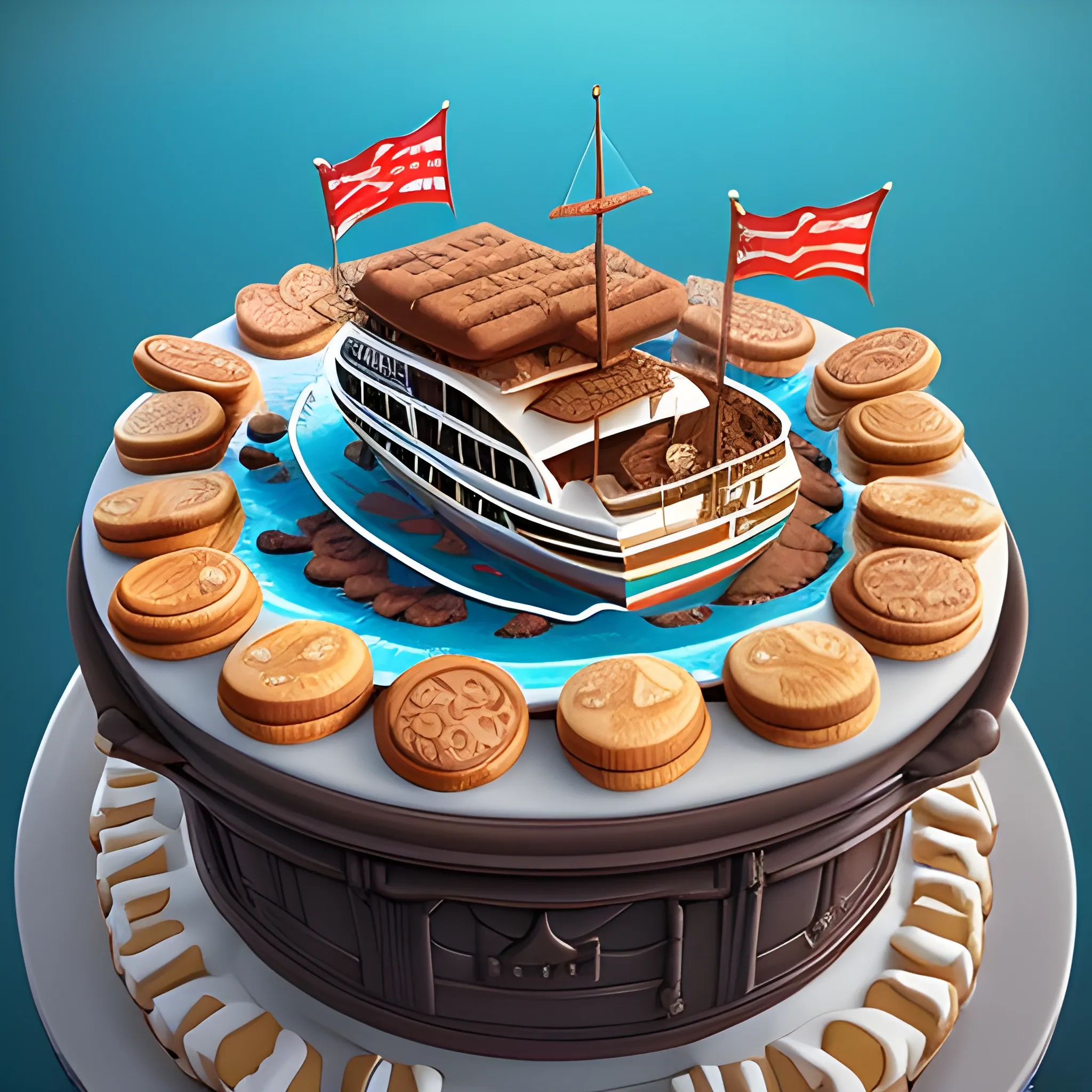 a fantasy scene of a  boat made of cookies floating on the sea of chocolate, top view camera angle, hyper-realistic, heavily detailed