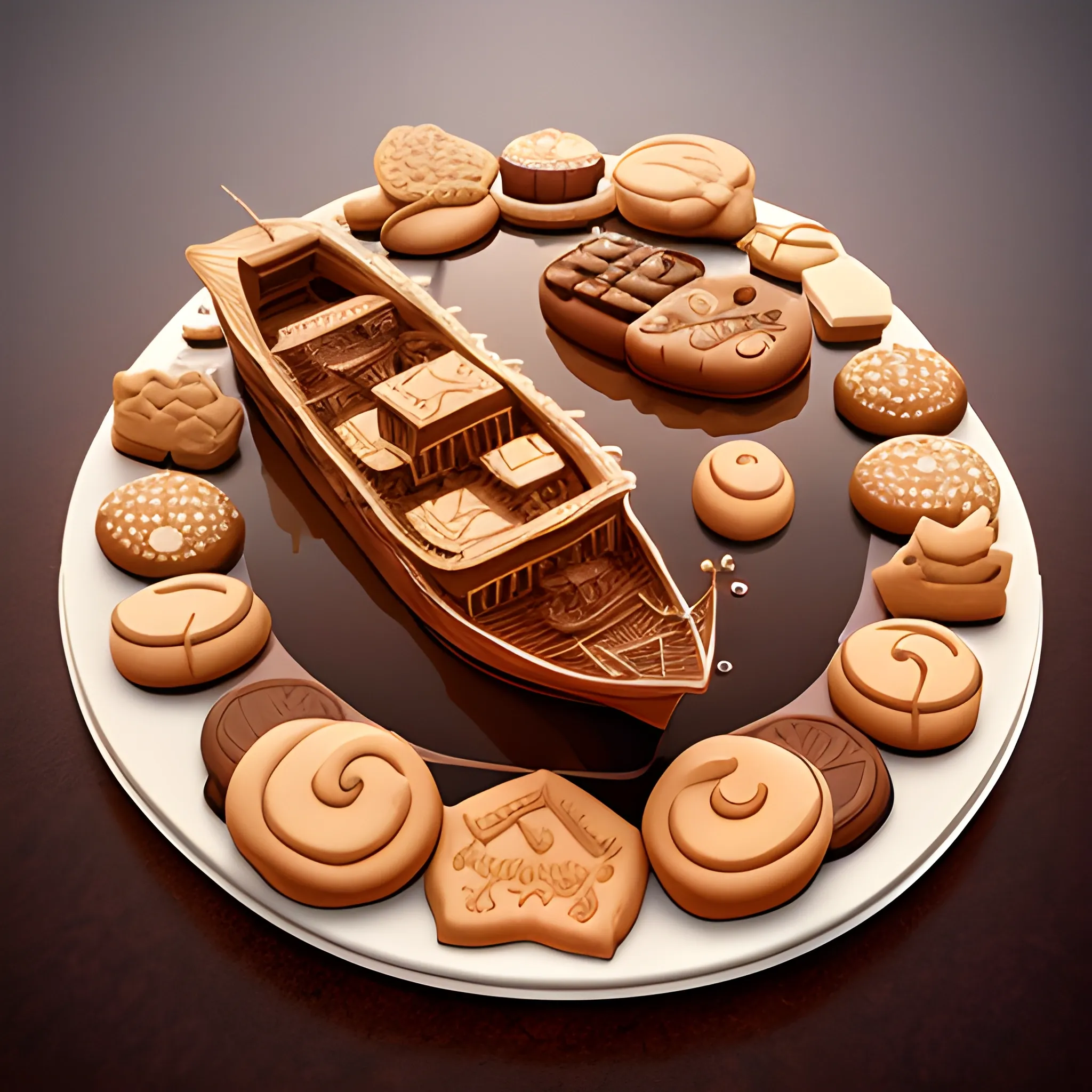 a fantasy scene of a  boat made of cookies floating on the sea of chocolate, top view camera angle, hyper-realistic, heavily detailed