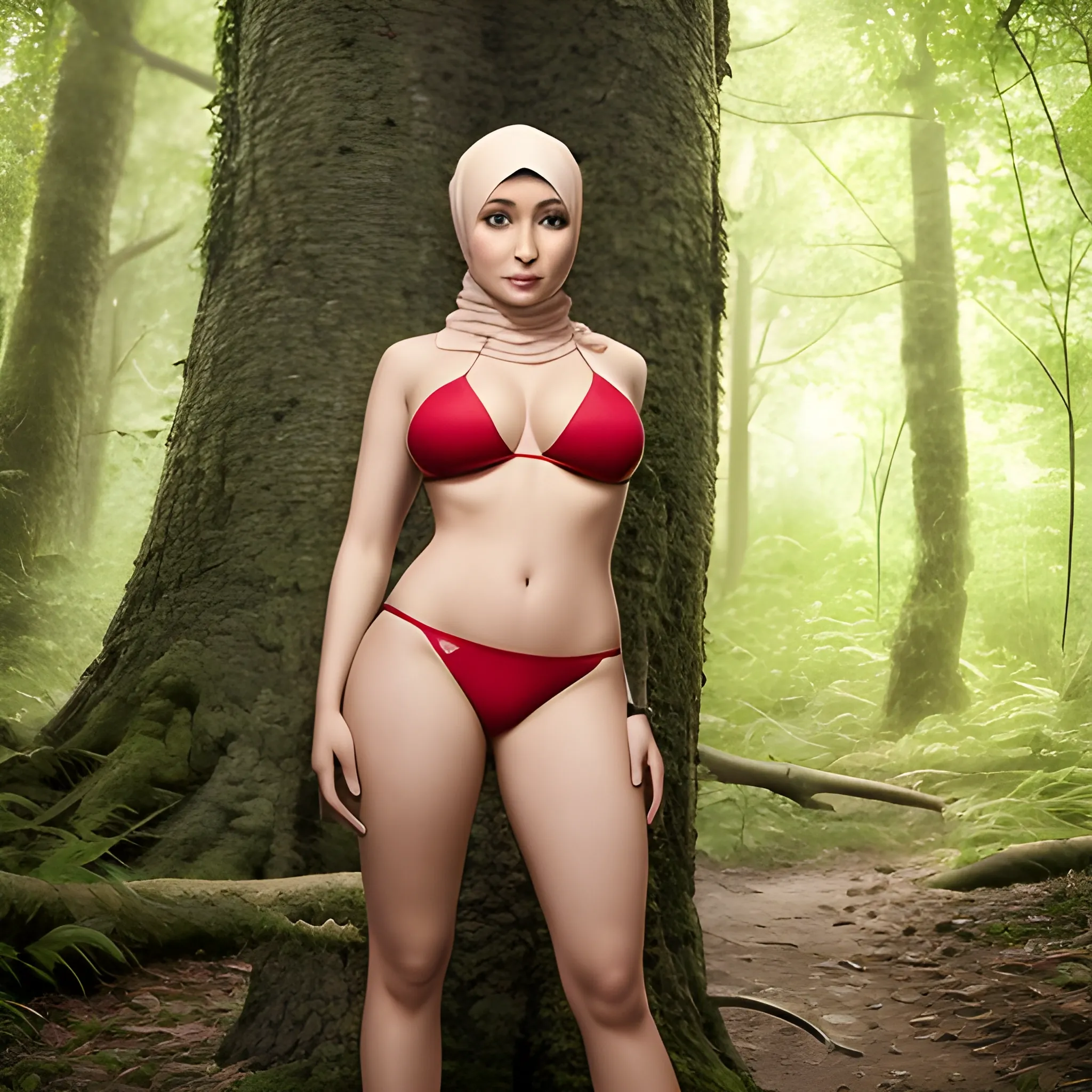 a beautiful woman wearing hijab in a forest, wearing red bikini, 