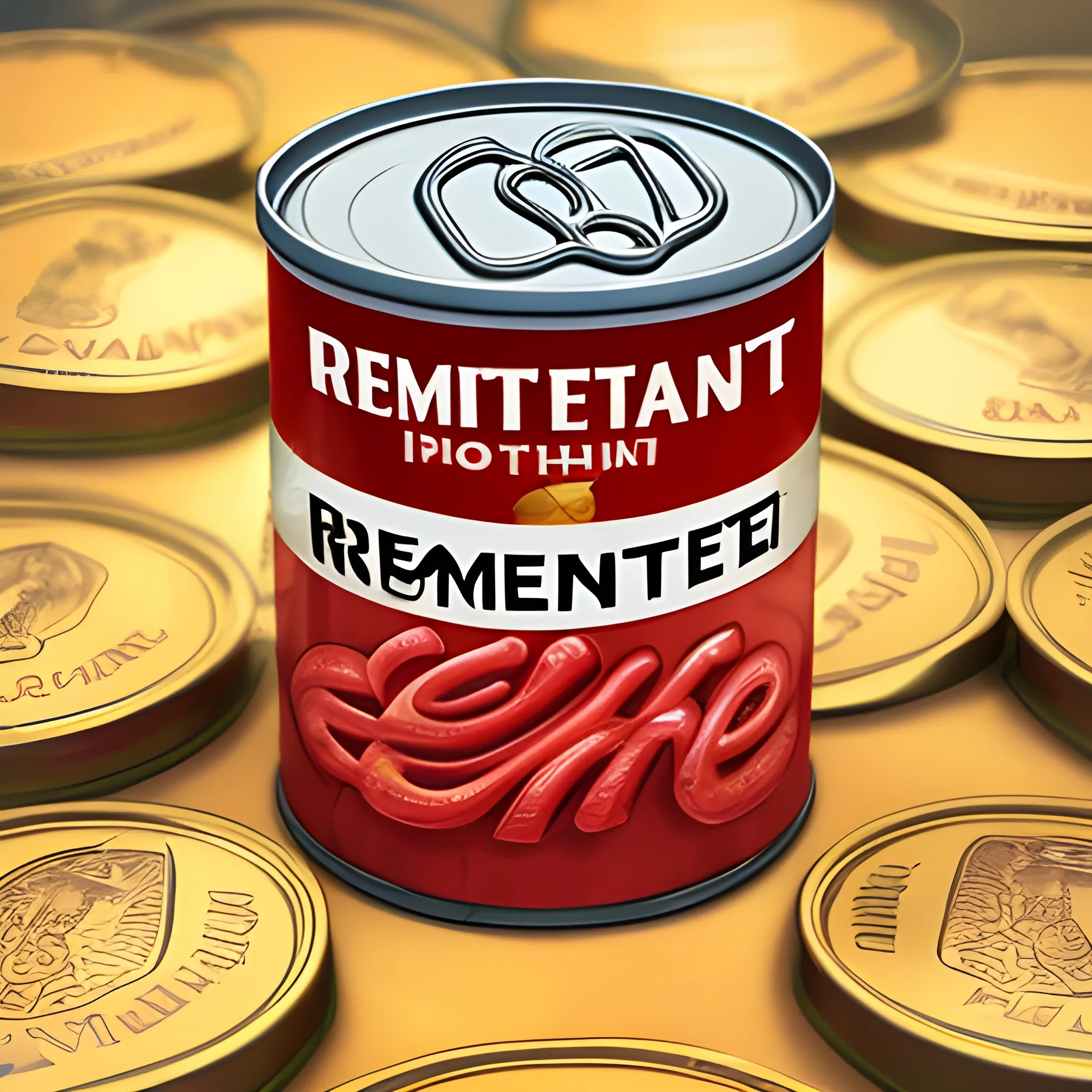 a photorealistic picture of a chef boyardee can with the word "remittance" written on it