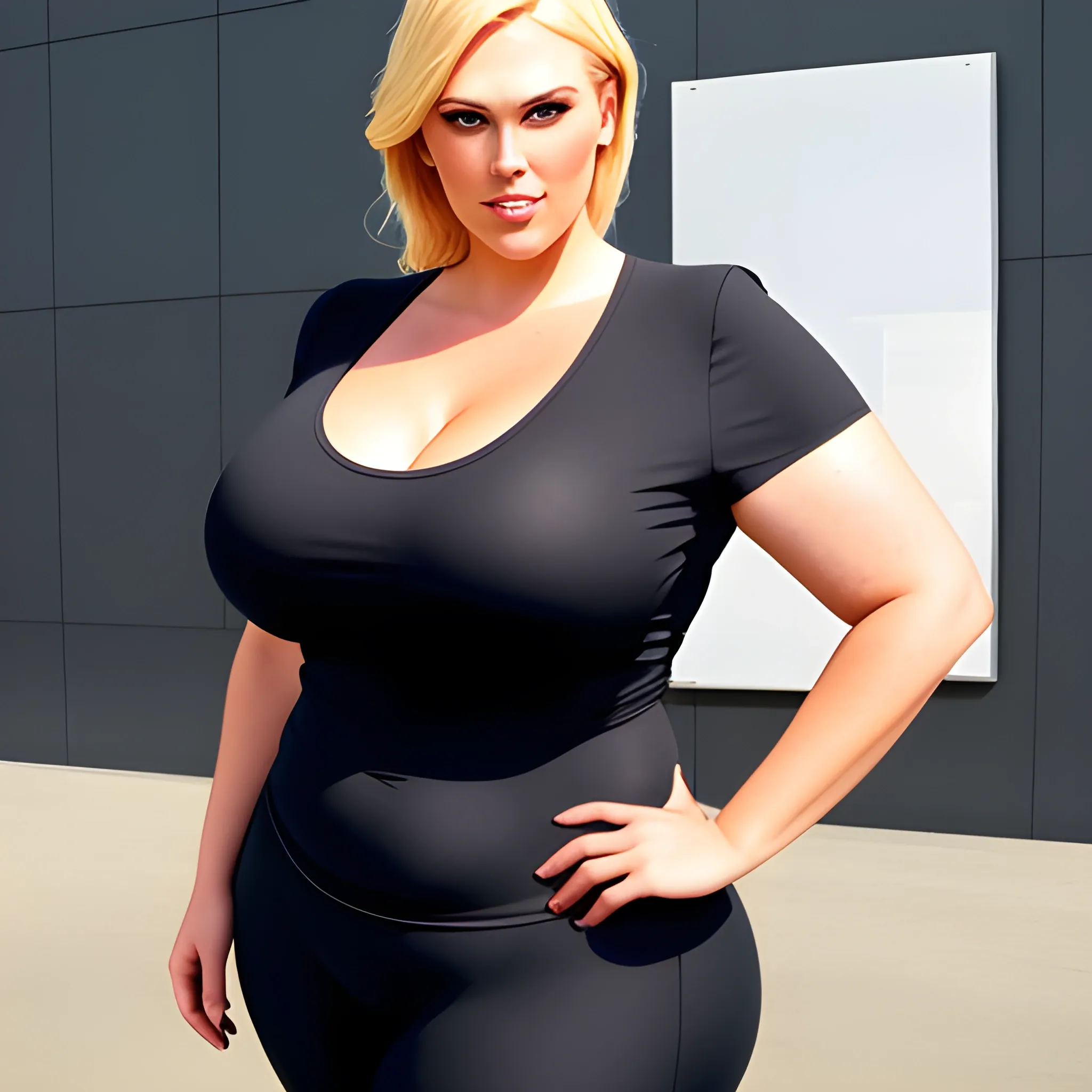 huge plus size blonde young girl with small head and very broad shoulders standing close towering over us