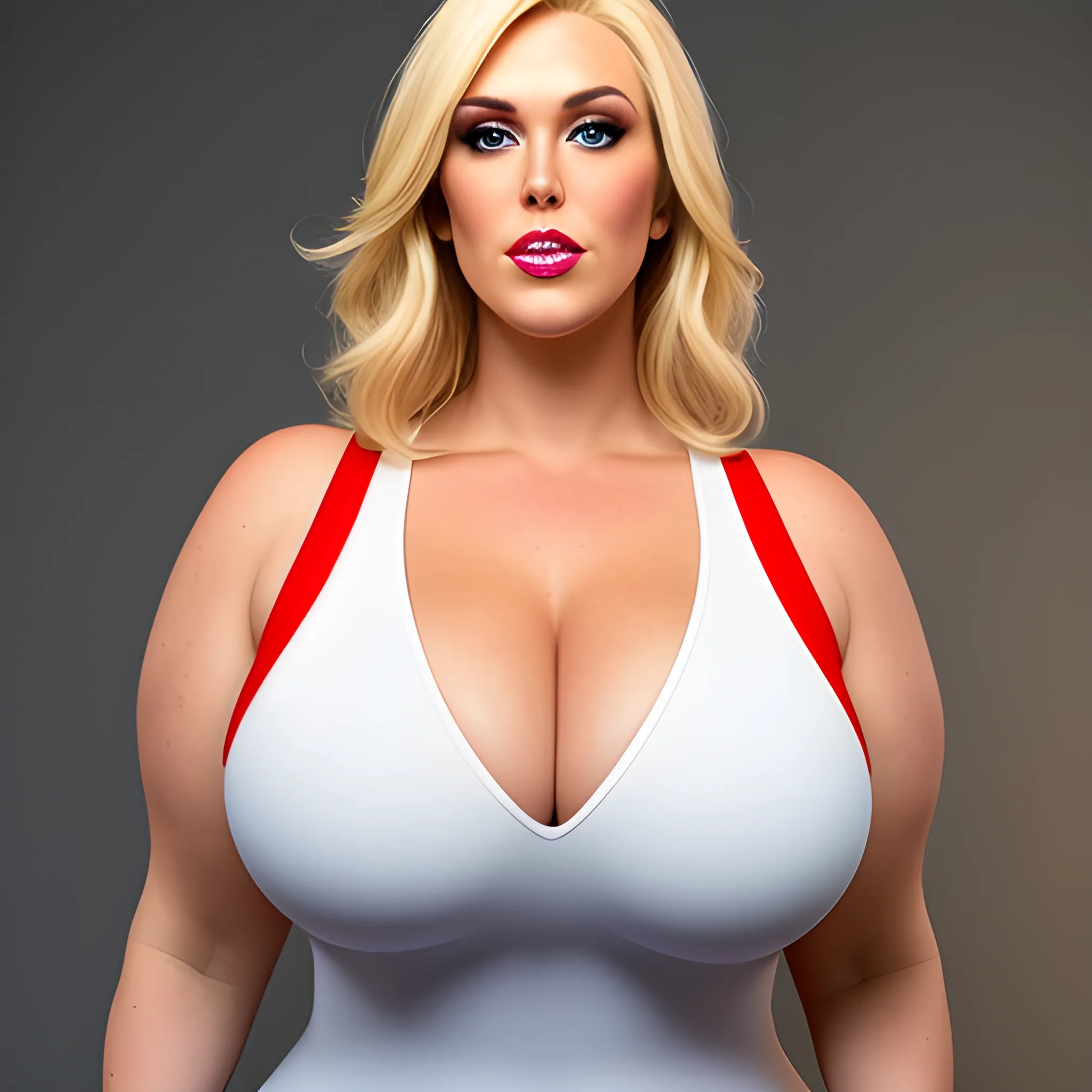 huge plus size blonde young girl with small head and very broad shoulders standing close towering over us 