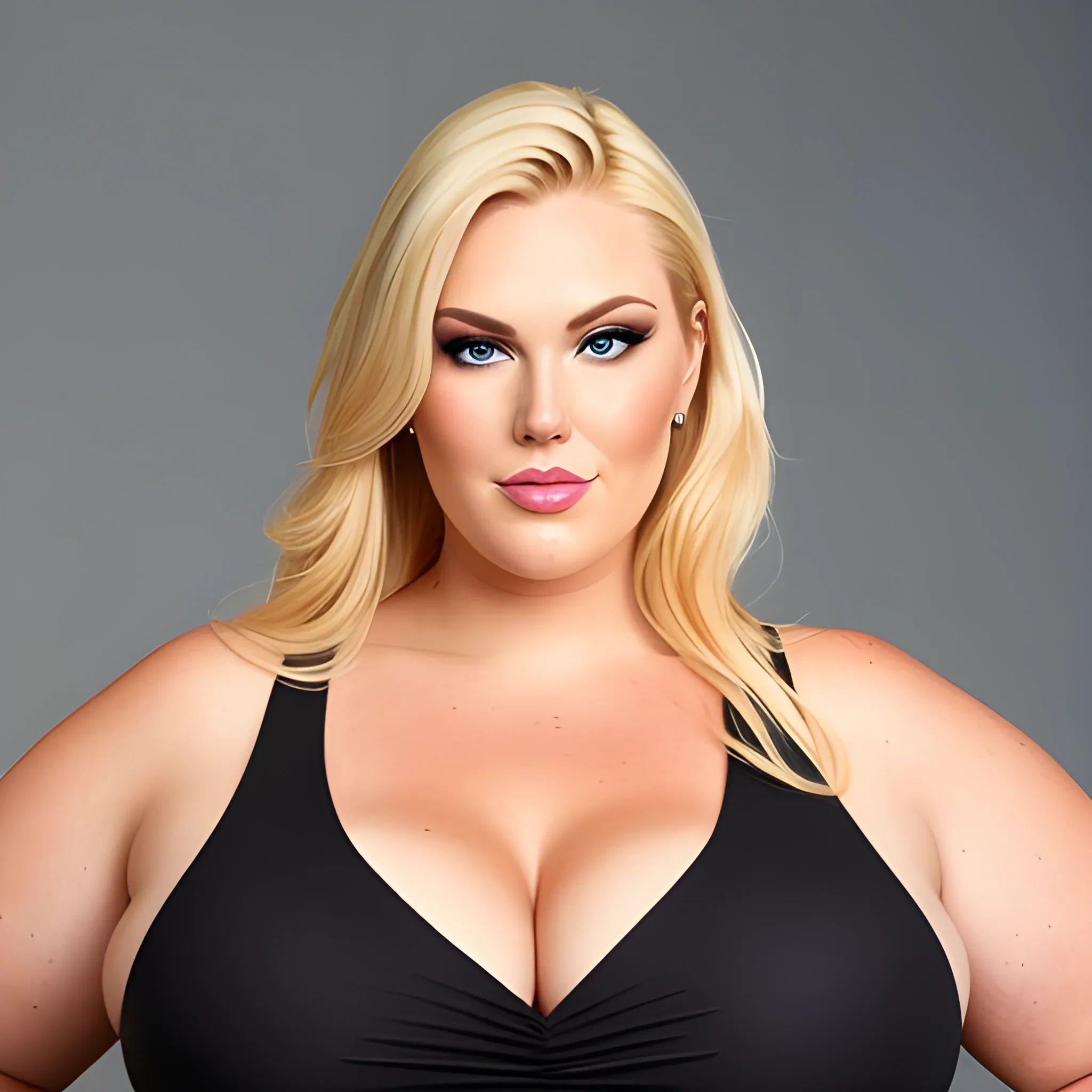 huge plus size blonde young girl with small head and very broad shoulders standing close towering over us 