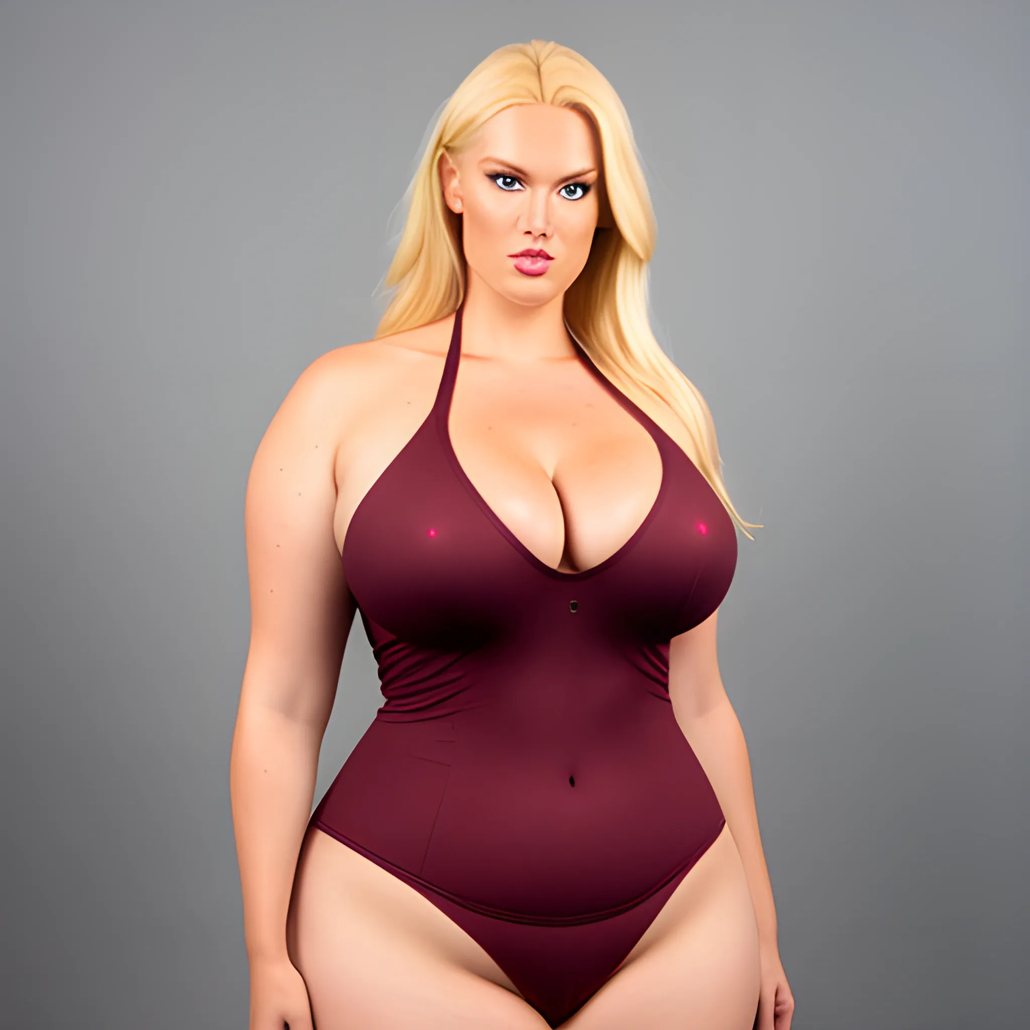 huge plus size blonde young beautiful foolish girl with small head and very broad shoulders standing close towering over us 