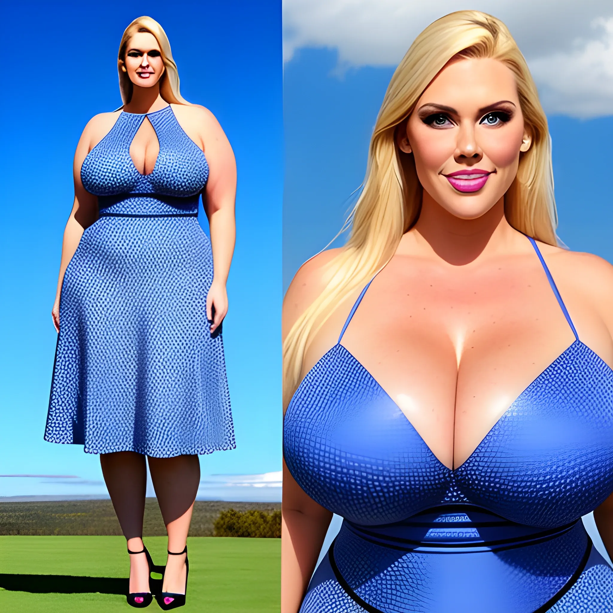 happy huge very tall a bit plus size blonde very young girl with very small head and very broad shoulders in tight patterned dress standing close and towering strongly over us under blue sky