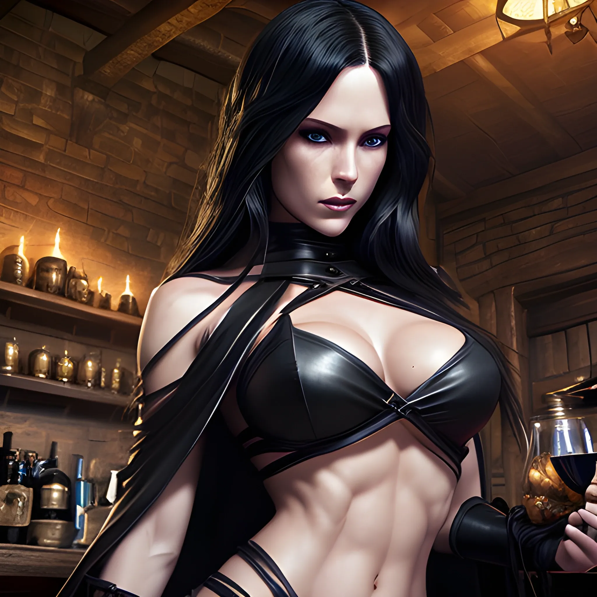 Dragon's Crown™ The Witch Morgan Lisley™, hyper realistic,  toned abs, beautiful woman, dynamic pose, upper body shot, long black hair, dark eyes, black leather cloak, black leather crisscross halter top, black leather high slit skirt, close up, detailed tavern interior, HD, 8k, photography,