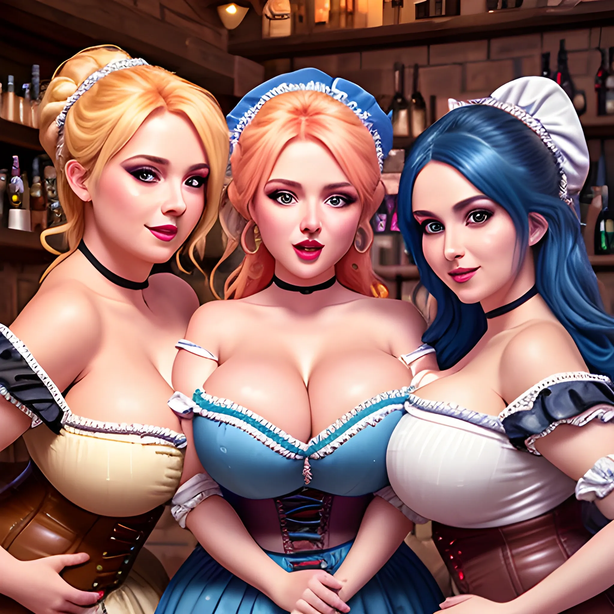 three unique beautiful curvy busty barmaids, hyper dynamic flirty poses, hyper realistic, hyper beautiful face, perfect anatomy, hyper flirty expressions, close up, wearing pastel off shoulder high slit peasant dress' with leather corsets, detailed night life tavern interior background, HD, 8k, photography