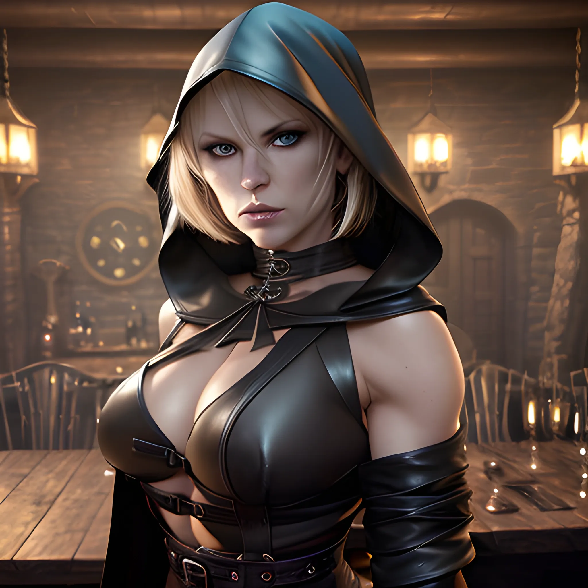 Dragon's Crown™ The Witch Morgan Lisley™, hyper realistic,  toned abs, hyper beautiful face, hyper dynamic pose, upper body shot, short blonde one-eyed bangs hair, dark eye makeup, brown eyes, black leather cloak, black leather crisscross halter top, black leather high slit skirt, close up, detailed tavern interior, HD, 8k, photography