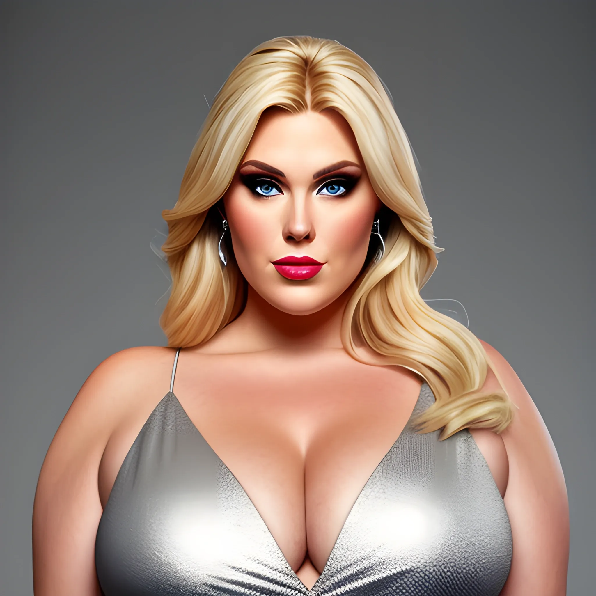 huge plus size blonde young beautiful extremly tall girl with small head and very broad shoulders standing close in silver dress towerring over us 