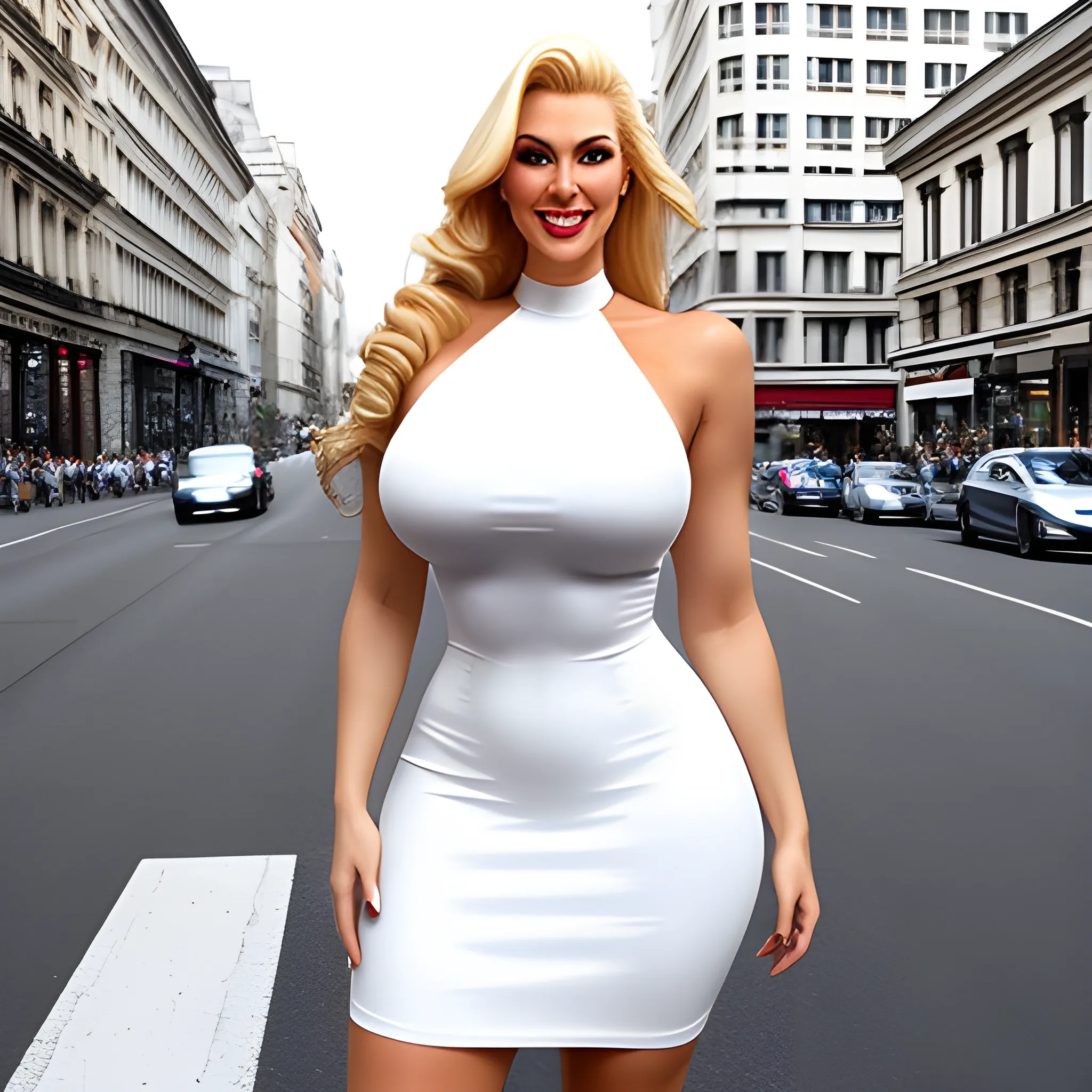 happy elegant extremly tall voluptuous blonde very young girl with very small head and very broad shoulders in short tight white dress coming on a busy street and towerring here strongly over us