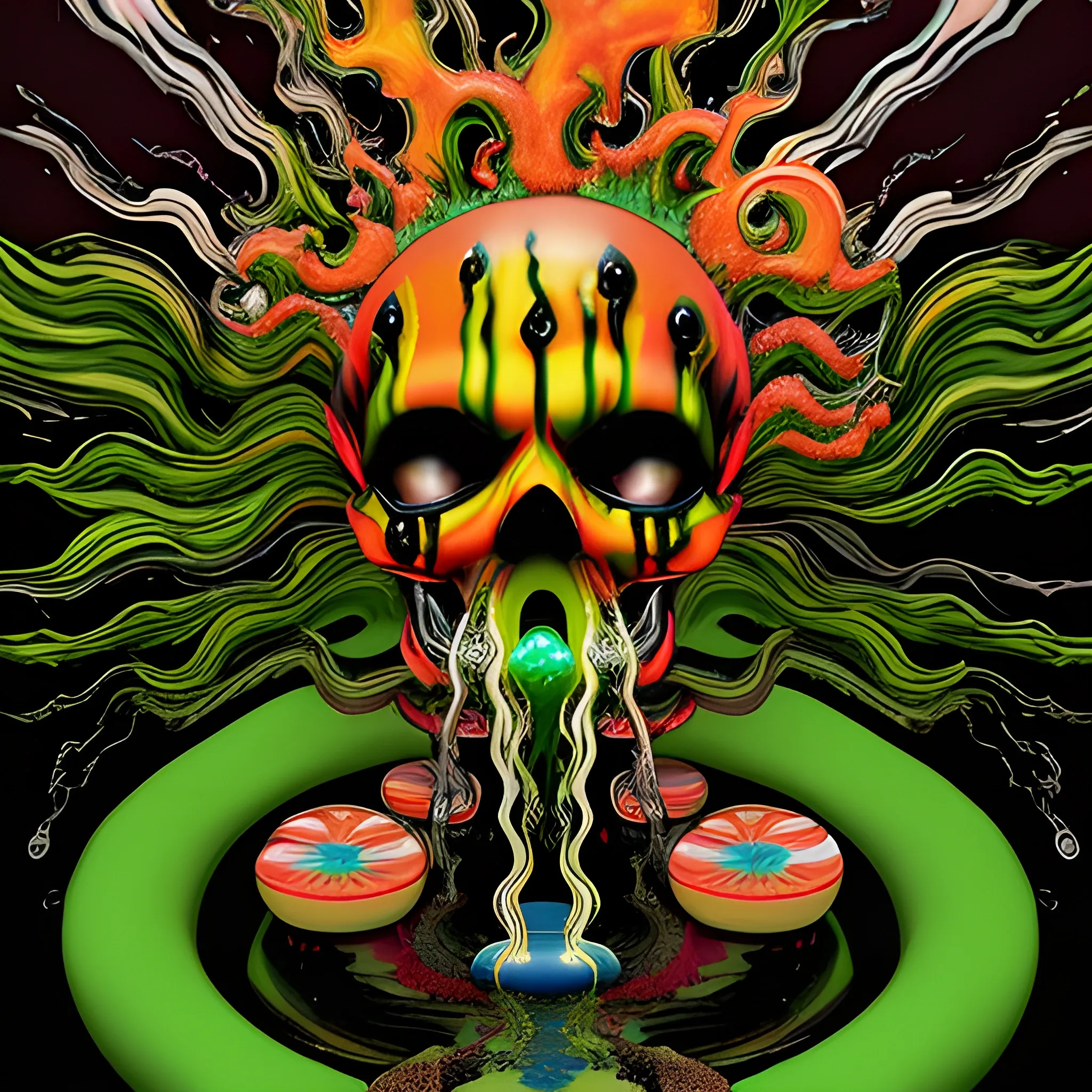 rfktrstyle A 4k death skull controlling and manipulating out of control fire and water, multicolor fire, freshy, surrounded by chibiStyle hooded-sugar-skulls, (yellow&red colored fire)(black&green colored water:1.5), tangled, elemental splash, detailed glowing demon eyes, Dynamic, vivid, creative, soft shadow, perfect anatomy, perfect hands, hyperdetailed artwork,tshirt design,  perfectly centred, neo-expressionist oil paint, centred, posing portrait by hajime sorayama, Trippy