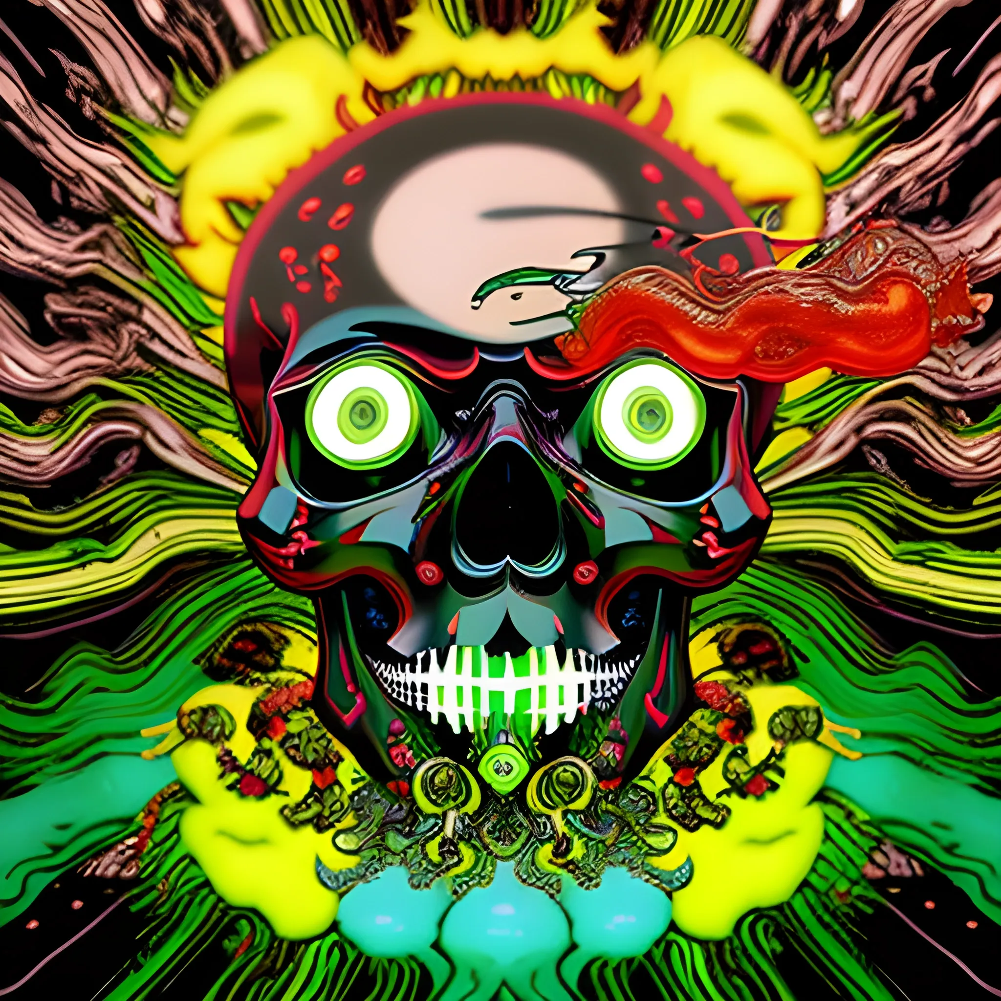 rfktrstyle A 4k death skull controlling and manipulating out of control fire and water, multicolor fire, freshy, surrounded by chibiStyle hooded-sugar-skulls, (yellow&red colored fire)(black&green colored water:1.5), tangled, elemental splash, detailed glowing demon eyes, Dynamic, vivid, creative, soft shadow, perfect anatomy, perfect hands, hyperdetailed artwork,tshirt design,  perfectly centred, neo-expressionist oil paint, centred, posing portrait by hajime sorayama, Cartoon
