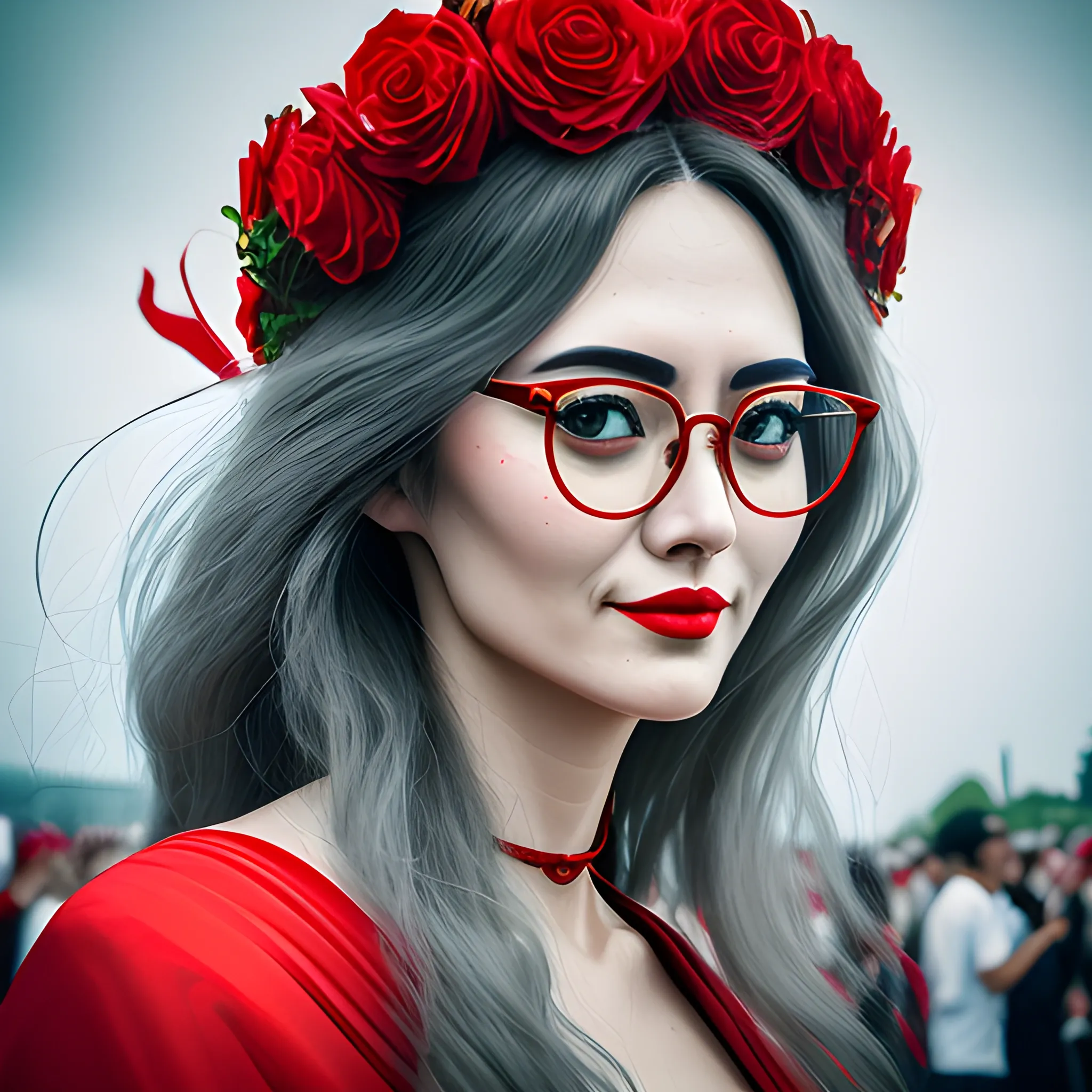 Best Quality, Masterpiece,Realistic, RAW Photo, DSLRFilm Grave, Fujifilm XT3, 1Girl, Goddess,Glasses,Charming Big Eyes, CurlyHair, Long Hair, Silver HairCharming Smile, ShynessCinematic Lighting, LooseScenes, Contrast Filters,Reaction Shots(Five-star Red Flag: 1.3)National Festival,(RedFestival Atmosphere)Celebration,Festival.