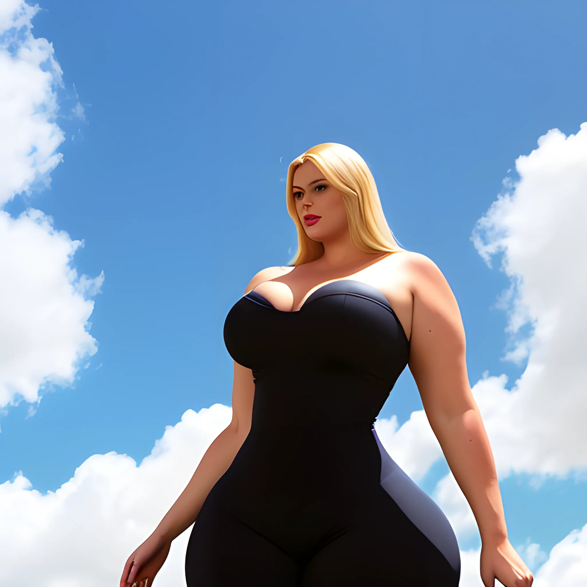 very tall a bit plus size blonde very young girl with small head and very broad shoulders bowing kindly downwards from under blue sky towards us 