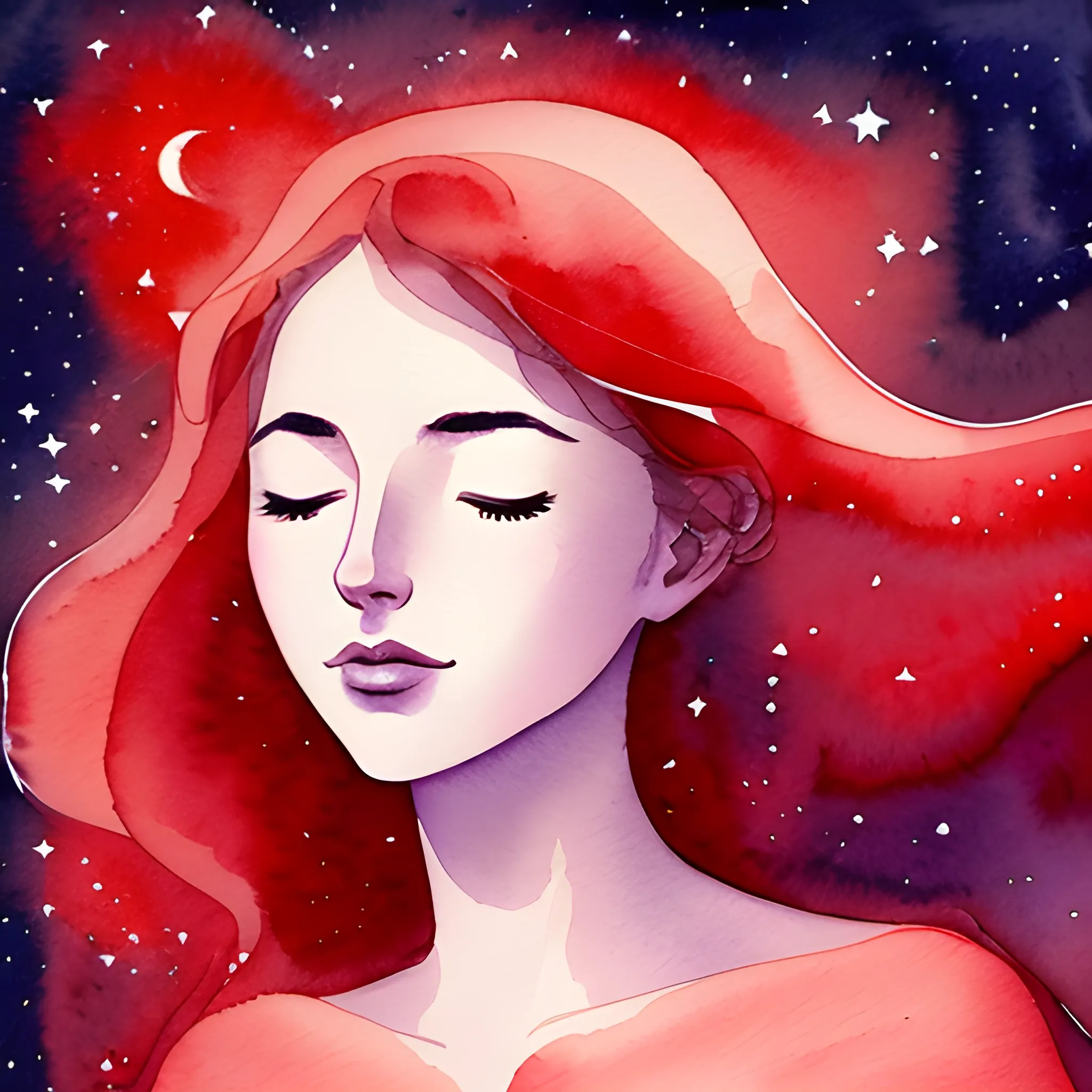Draw a woman with closed eyes, floating in a night sky filled with stars, while her dreams unfold as luminous constellations around her. Use a single-color watercolor technique (red) to capture the magical feeling of this dream in the style of Francisco Garcés, alias Dibujante Nocturno